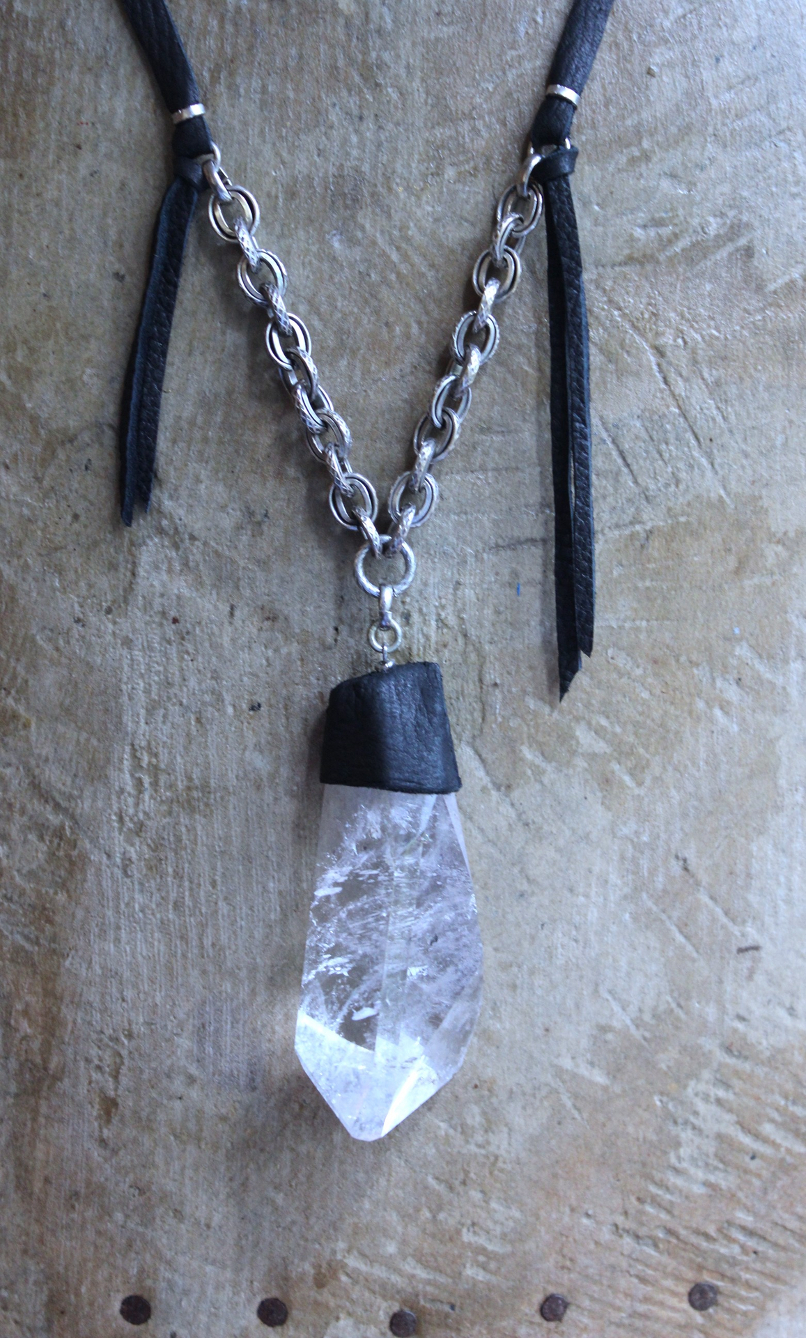 Amazing Free Form Clear Ghost Quartz Pendant Necklace with Embossed Silver Chain, Premium Black Suede Leather Cap & Ties
