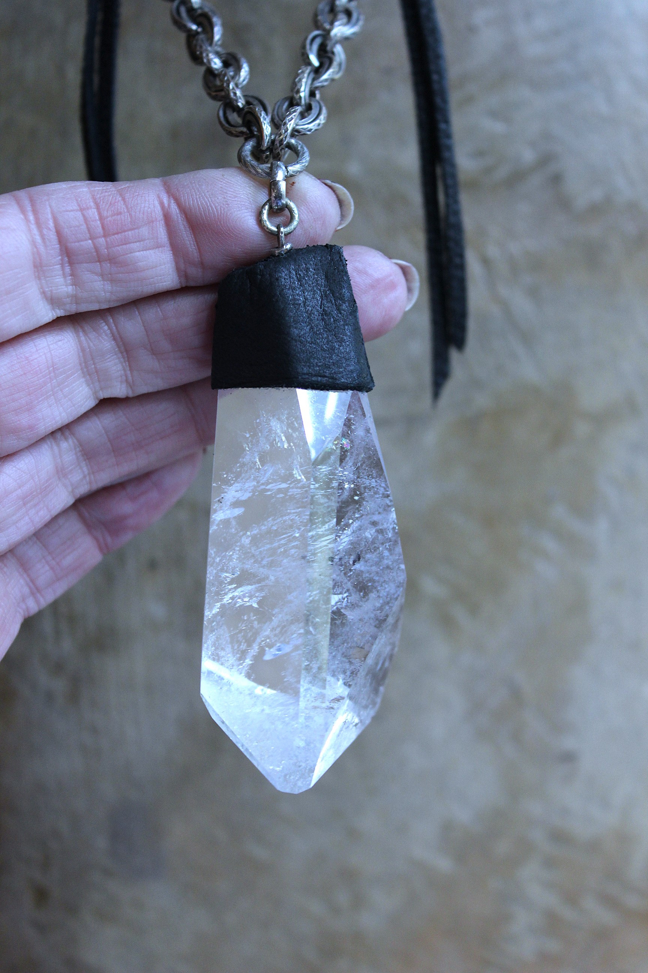 Amazing Free Form Clear Ghost Quartz Pendant Necklace with Embossed Silver Chain, Premium Black Suede Leather Cap & Ties