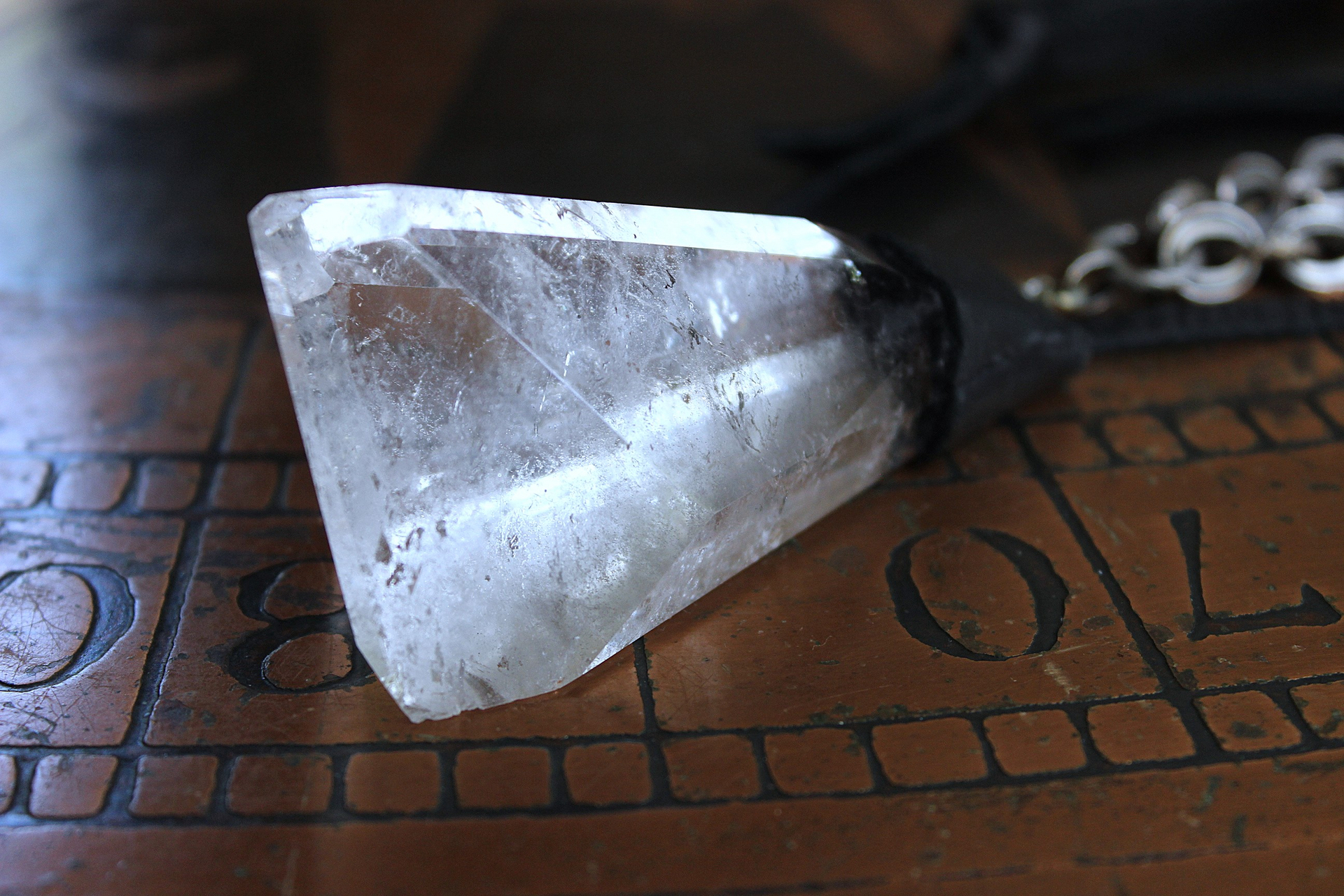 Amazing Free Form Clear Ghost Quartz Pendant Necklace with Embossed Silver Chain, Premium Black Suede Leather Cap & Ties