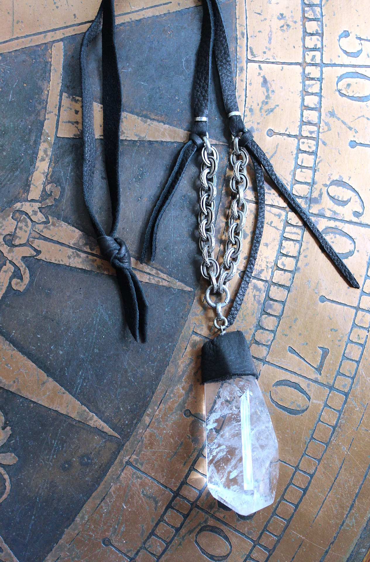 Amazing Free Form Clear Ghost Quartz Pendant Necklace with Embossed Silver Chain, Premium Black Suede Leather Cap & Ties