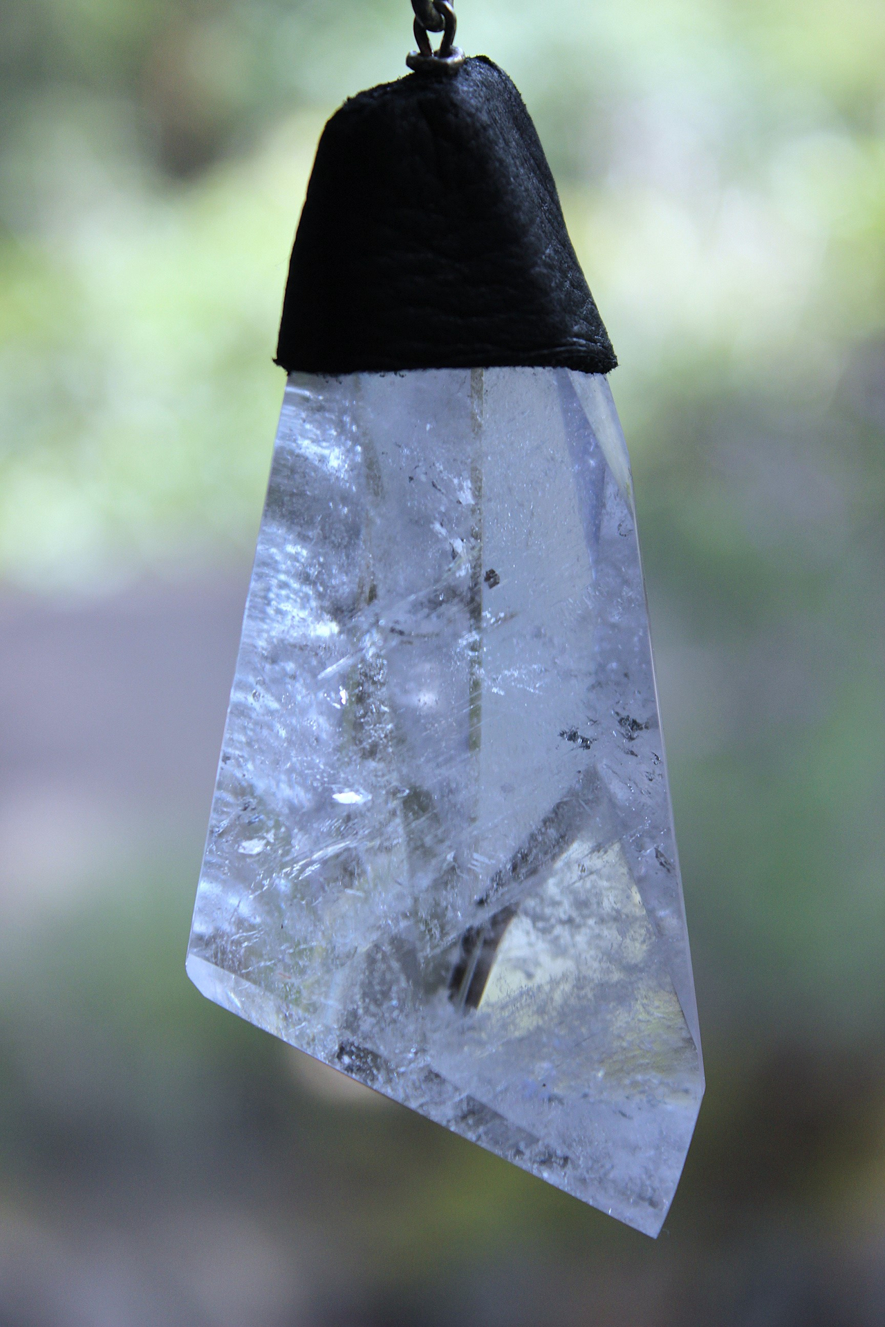 Amazing Free Form Clear Ghost Quartz Pendant Necklace with Embossed Silver Chain, Premium Black Suede Leather Cap & Ties