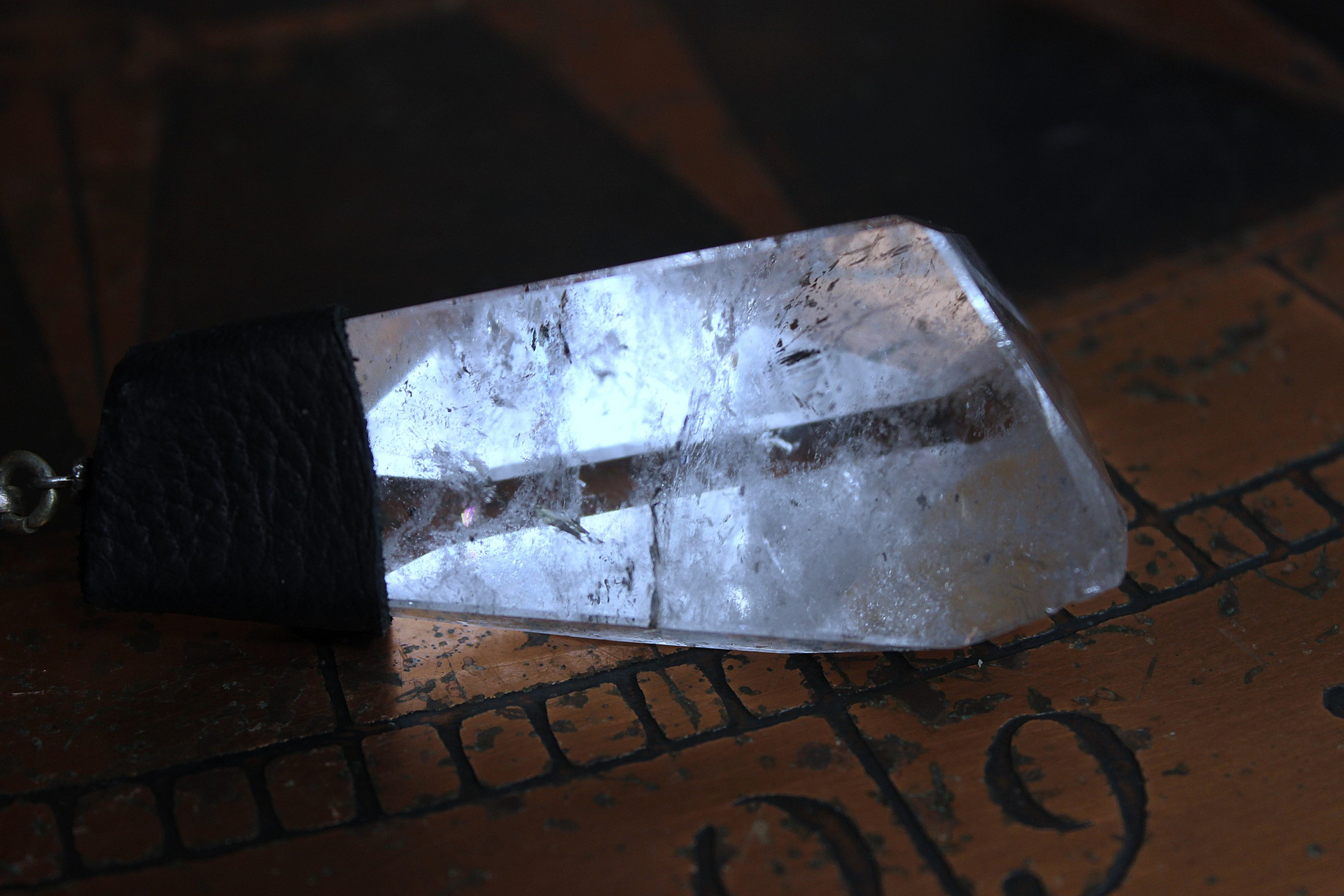 Amazing Free Form Clear Ghost Quartz Pendant Necklace with Embossed Silver Chain, Premium Black Suede Leather Cap & Ties