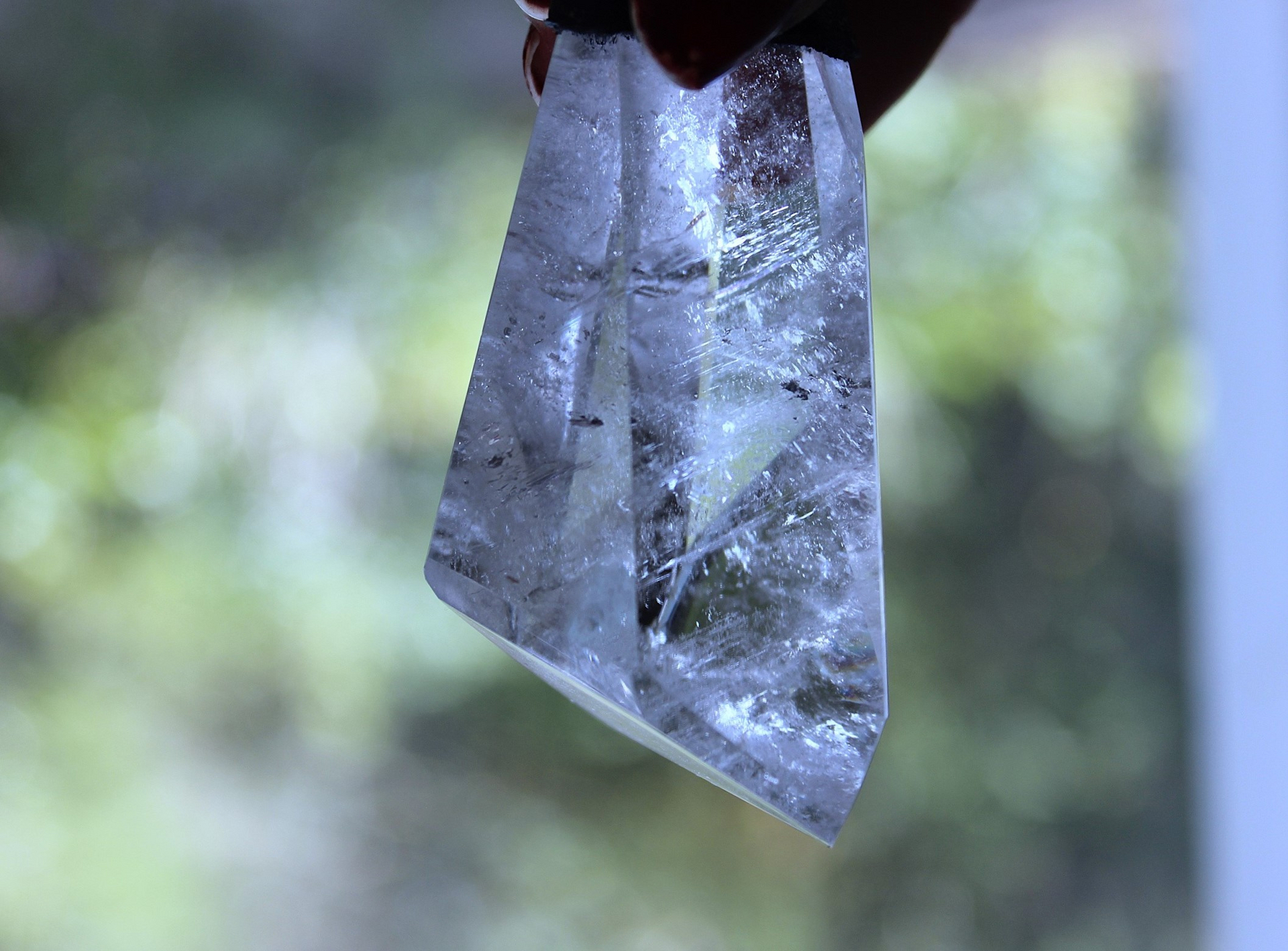 Amazing Free Form Clear Ghost Quartz Pendant Necklace with Embossed Silver Chain, Premium Black Suede Leather Cap & Ties
