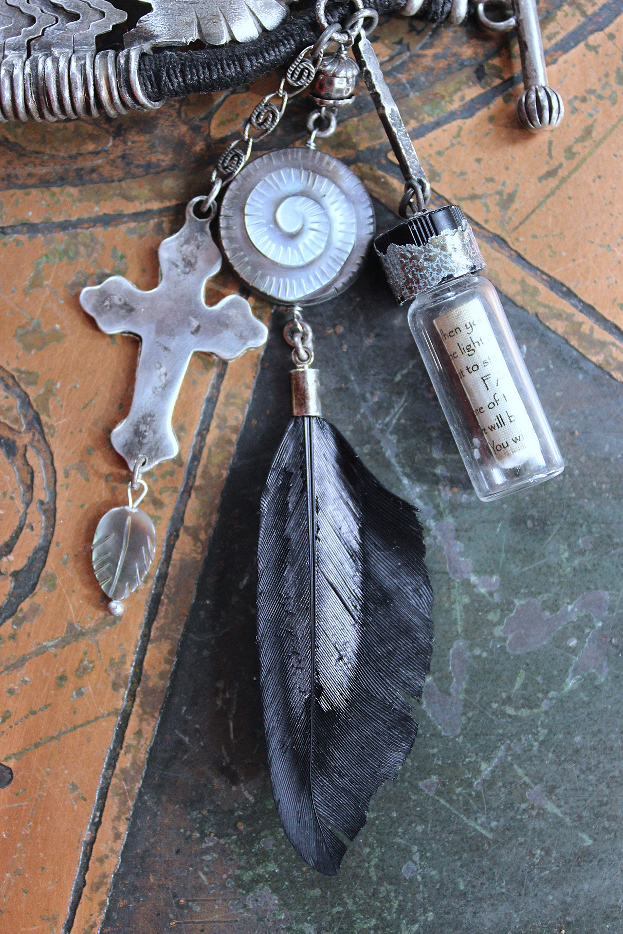 How to Fly Bracelet with Old Sterling Cuff, Sterling Cross, Raven Wing,Glass Quote Vessel & Sterling Capped Bead