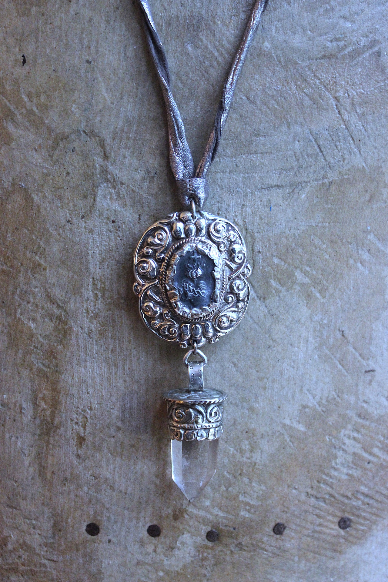 Unique Flaming Sacred Heart & Clear Rock Quartz Point Necklace with Silver Distressed Leather Ties