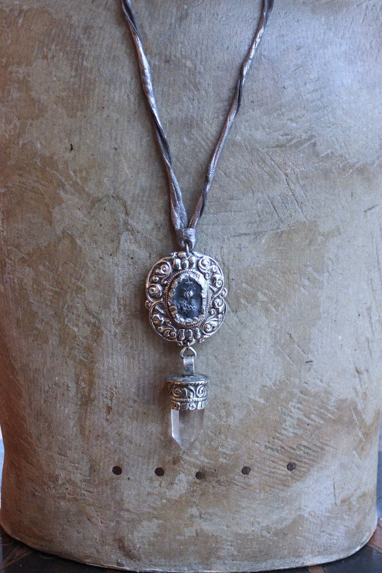 Unique Flaming Sacred Heart & Clear Rock Quartz Point Necklace with Silver Distressed Leather Ties