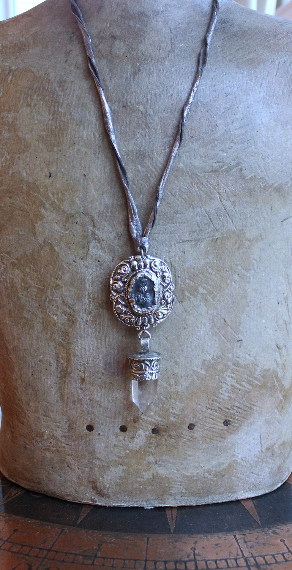 Unique Flaming Sacred Heart & Clear Rock Quartz Point Necklace with Silver Distressed Leather Ties