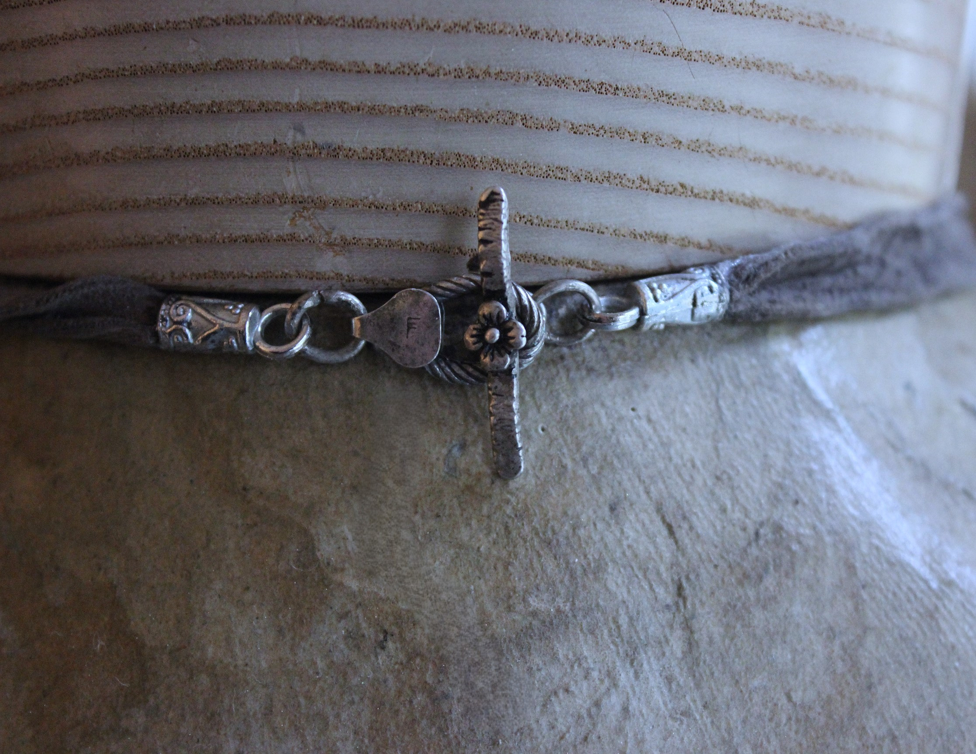 Unique Flaming Sacred Heart & Clear Rock Quartz Point Necklace with Silver Distressed Leather Ties