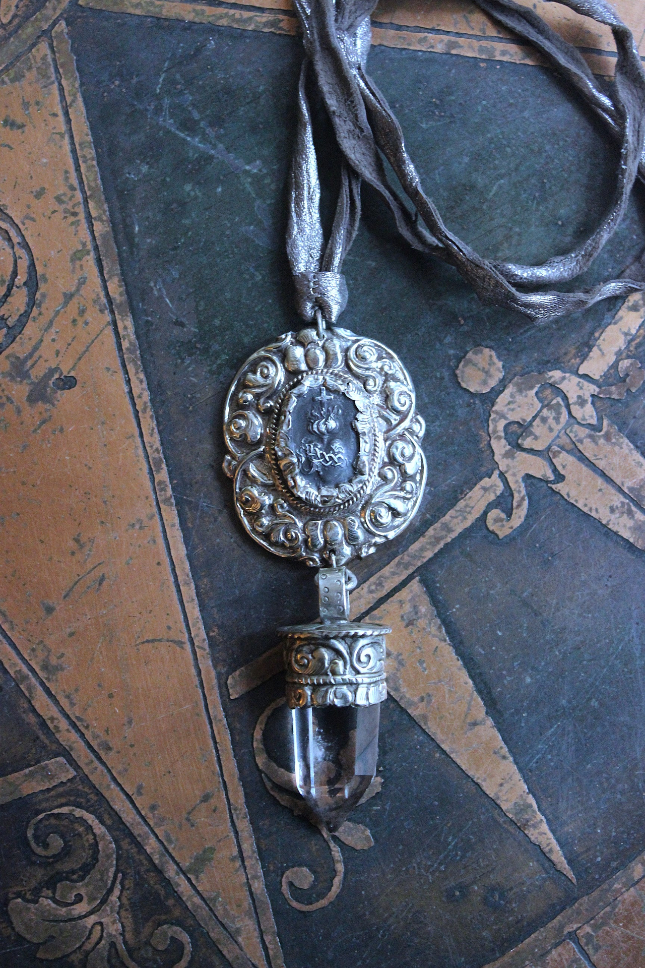 Unique Flaming Sacred Heart & Clear Rock Quartz Point Necklace with Silver Distressed Leather Ties