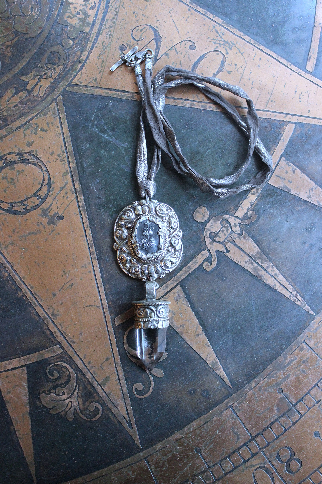 Unique Flaming Sacred Heart & Clear Rock Quartz Point Necklace with Silver Distressed Leather Ties