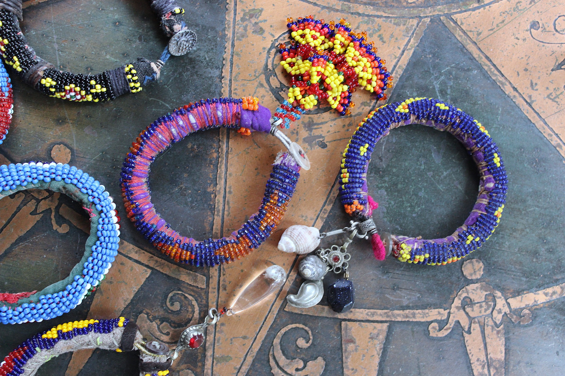 Set of 6 Authentic Tribal Seed Bead Bracelets with Various Drops & Dangles