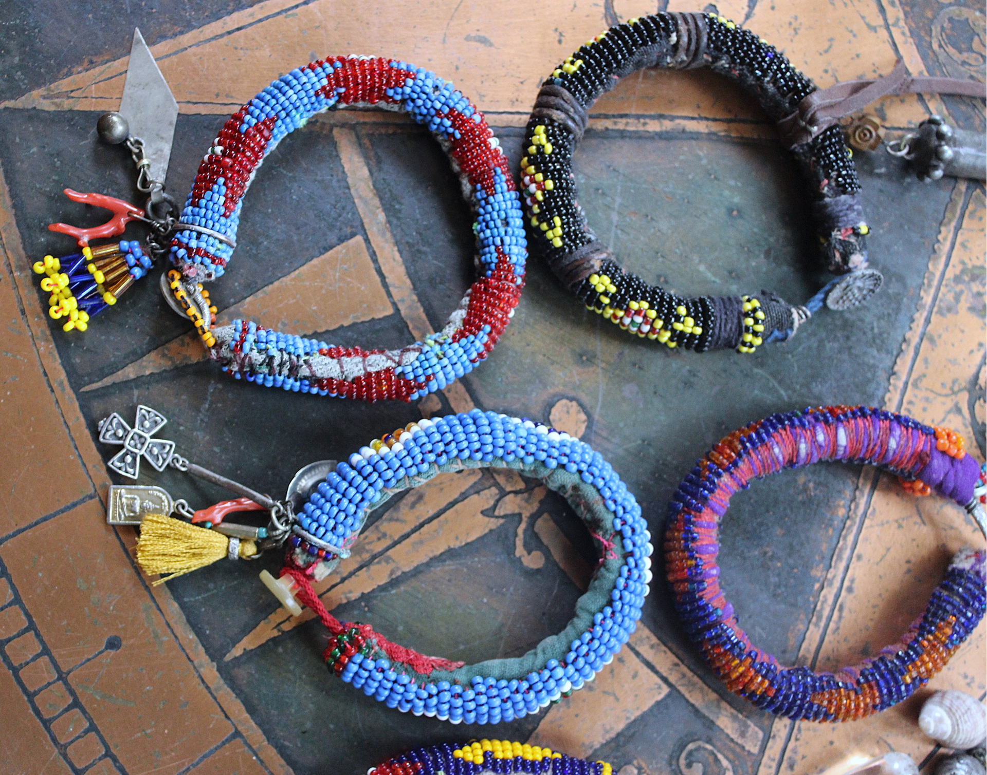 Set of 6 Authentic Tribal Seed Bead Bracelets with Various Drops & Dangles