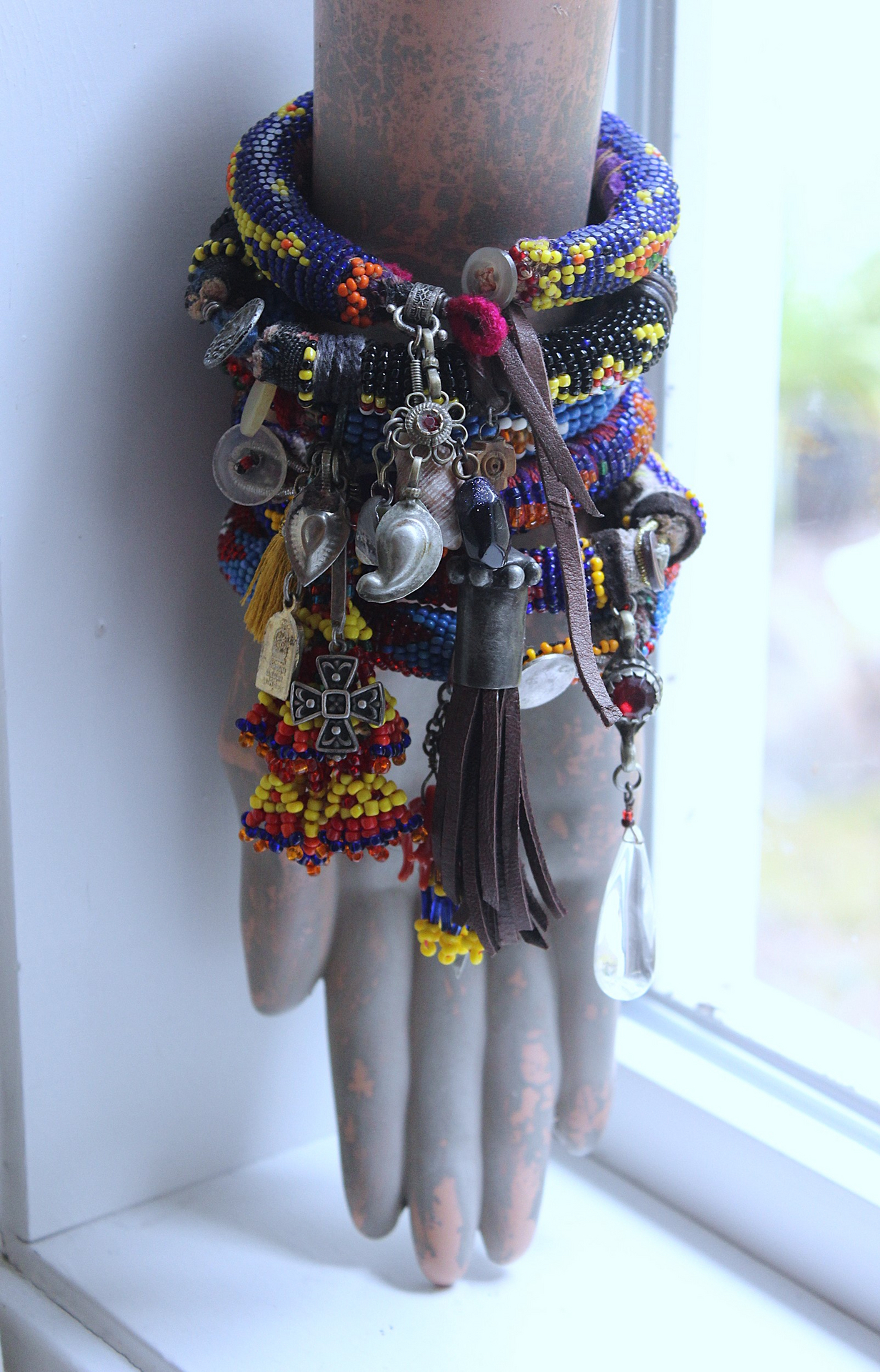 Set of 6 Authentic Tribal Seed Bead Bracelets with Various Drops & Dangles