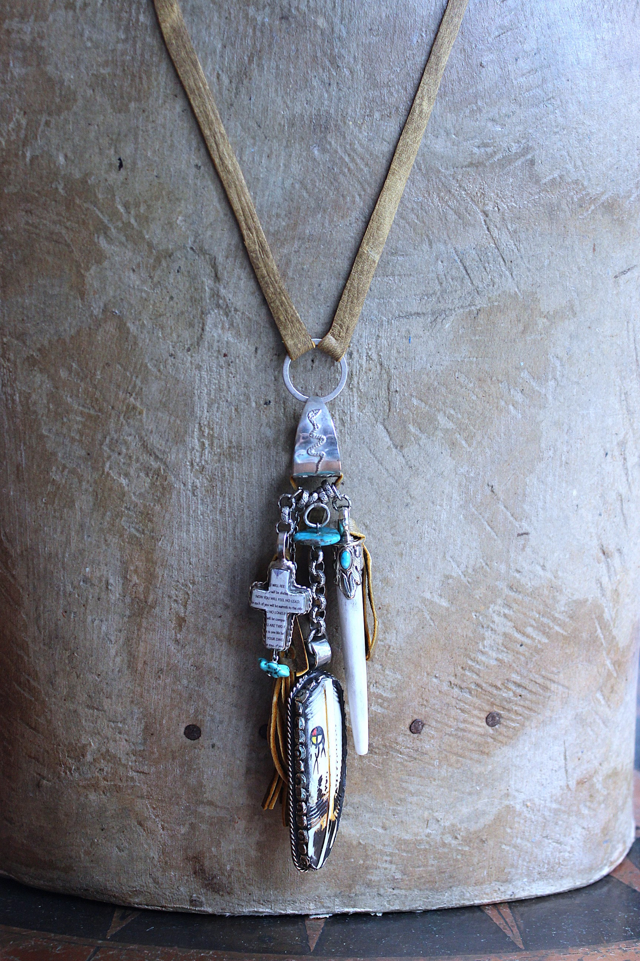 NEW! One Life Before You Necklace with Unique Painted Carved Bone Feather, Cross, Premium Distressed Leather Ties, Sterling Chain & More!