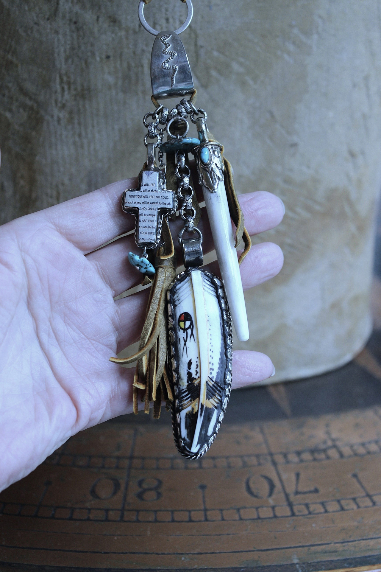 NEW! One Life Before You Necklace with Unique Painted Carved Bone Feather, Cross, Premium Distressed Leather Ties, Sterling Chain & More!