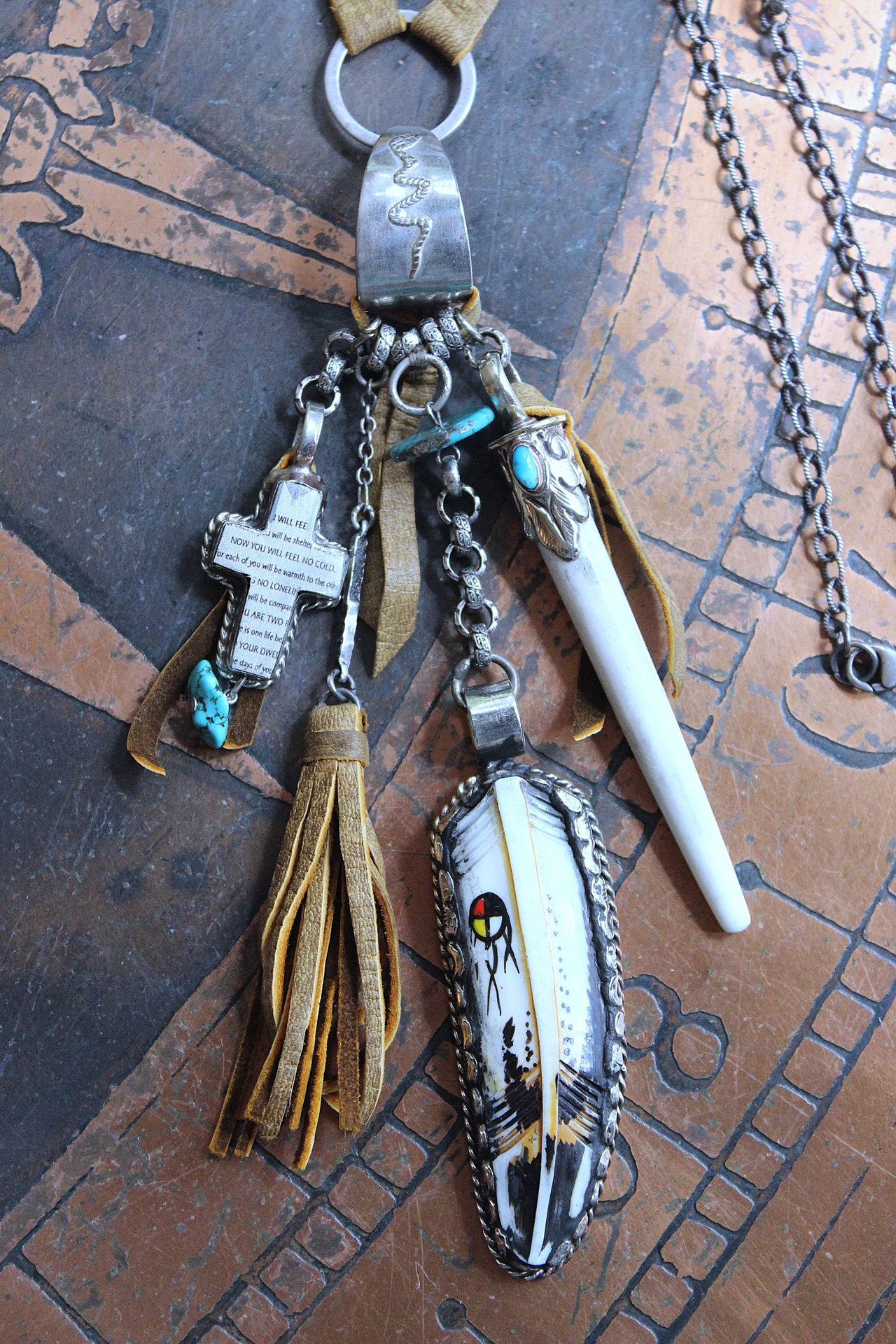 NEW! One Life Before You Necklace with Unique Painted Carved Bone Feather, Cross, Premium Distressed Leather Ties, Sterling Chain & More!