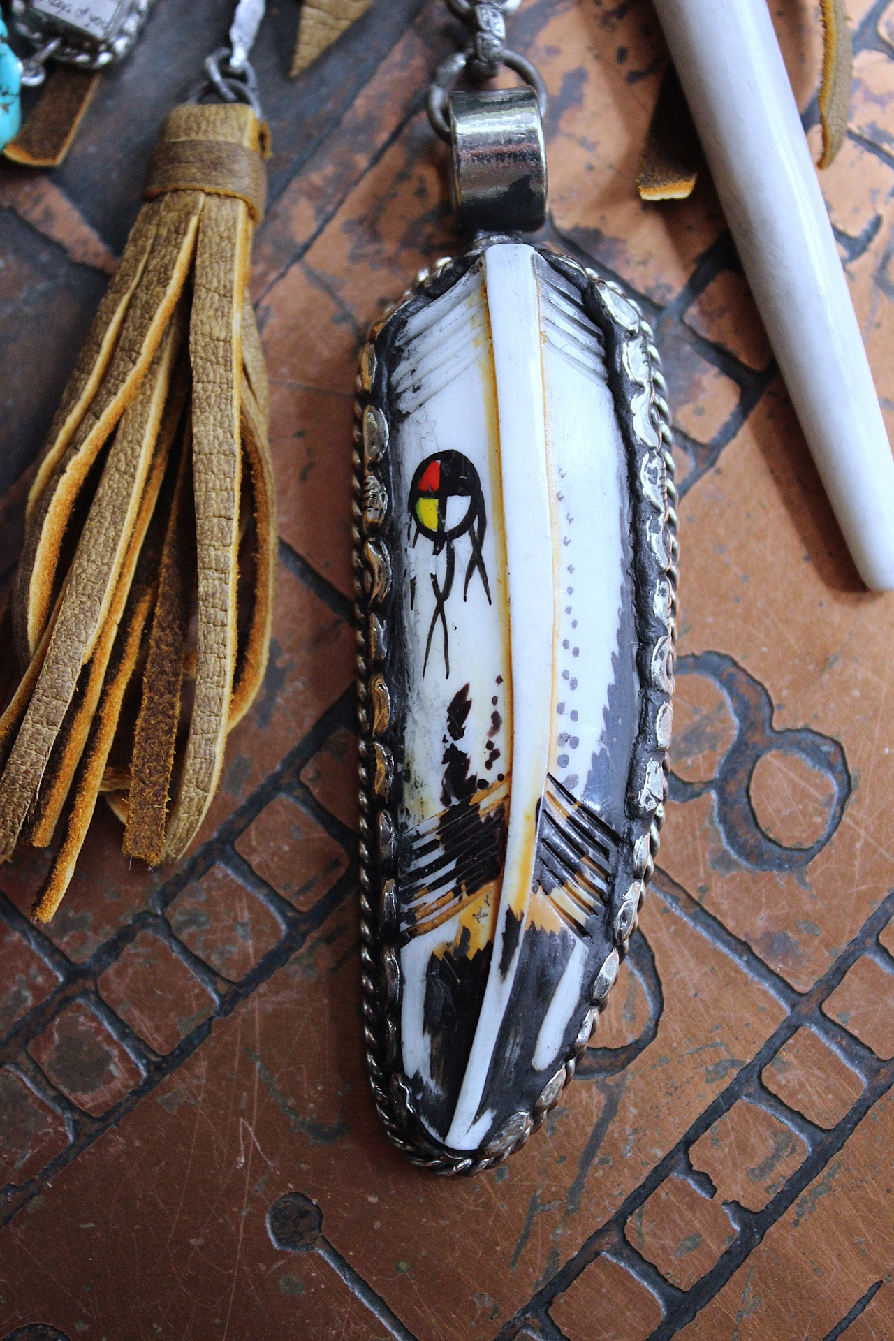 NEW! One Life Before You Necklace with Unique Painted Carved Bone Feather, Cross, Premium Distressed Leather Ties, Sterling Chain & More!