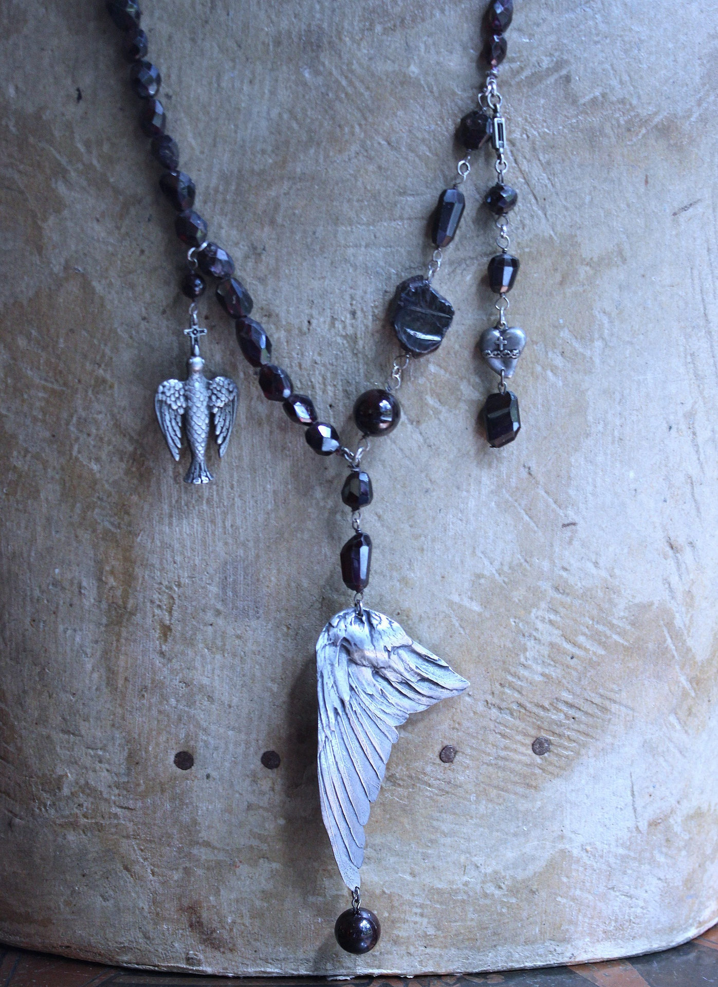 The Winds of your Soul Necklace with Amazing Faceted Almandine Garnet, Cast Bird Wing, Holy Spirit Dove & Puffy Heart Medal