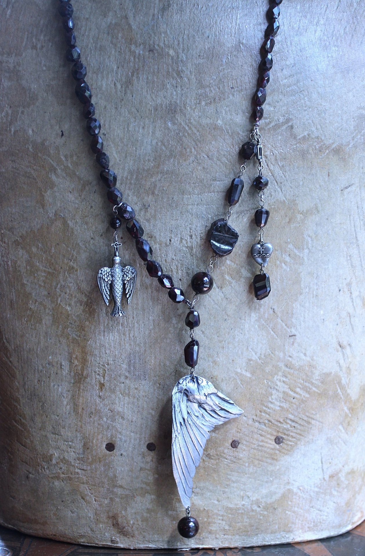 The Winds of your Soul Necklace with Amazing Faceted Almandine Garnet, Cast Bird Wing, Holy Spirit Dove & Puffy Heart Medal