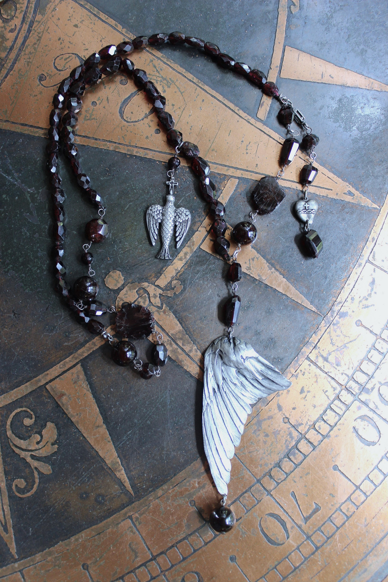 The Winds of your Soul Necklace with Amazing Faceted Almandine Garnet, Cast Bird Wing, Holy Spirit Dove & Puffy Heart Medal