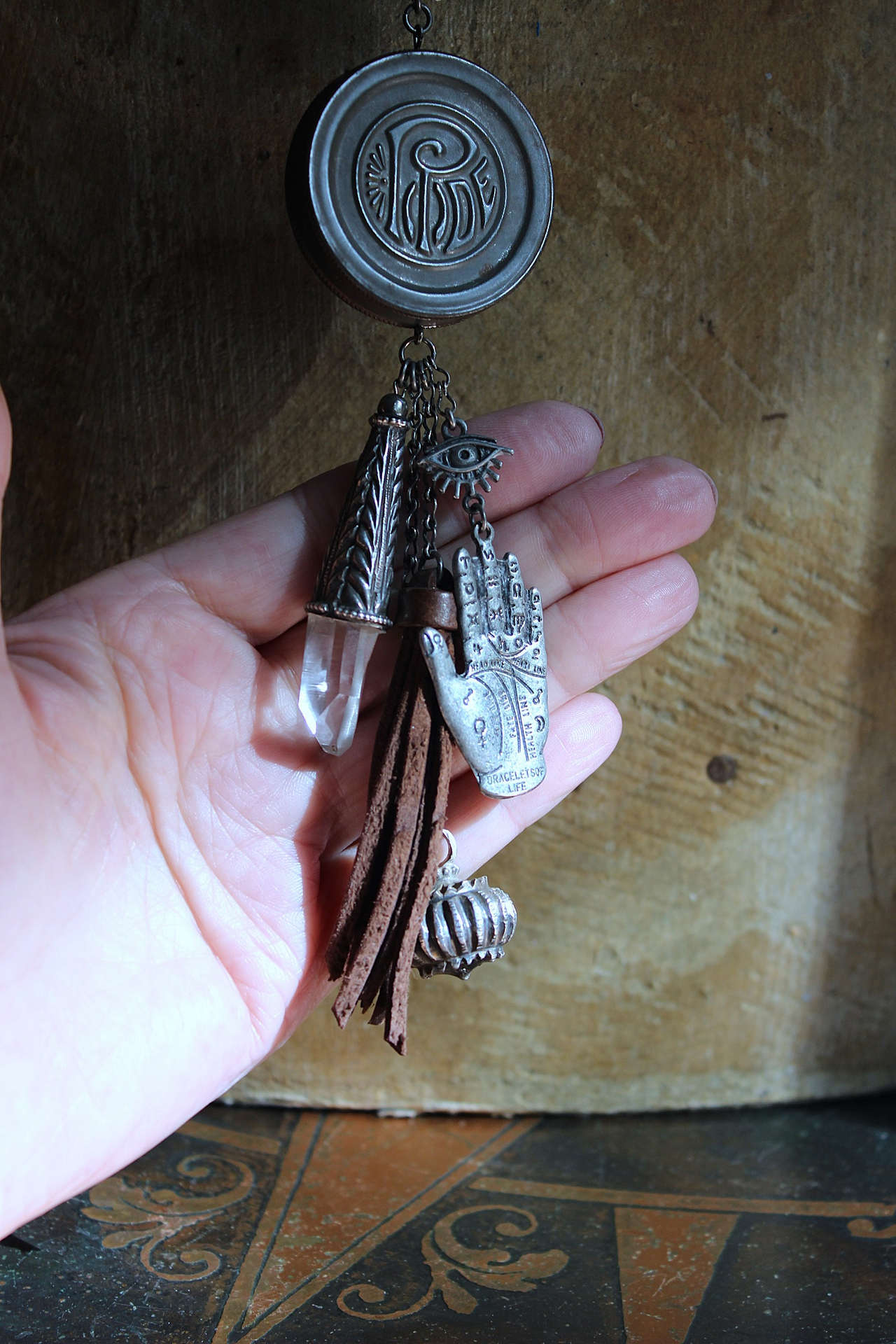 NEW! The Other Eye Necklace with Unusual Antique Pocket Watch Container, Sterling Findings,Vintage Palmistry Medal, All Seeing Eye Connector & More!