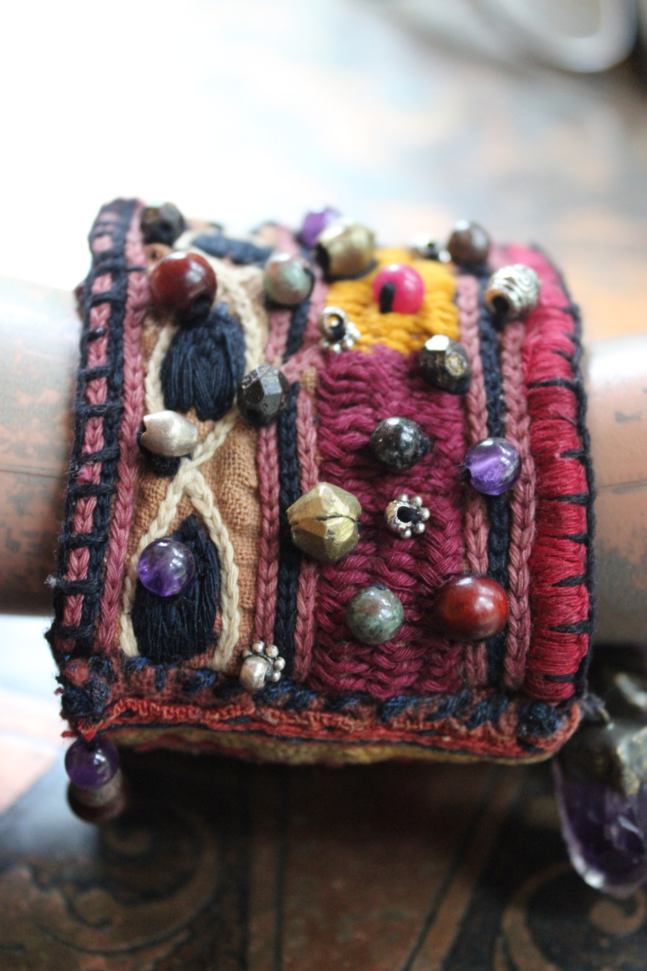 I am There Blessing Pouch Cuff with Antique Lambani Textile, Amethyst Point Drops, Multiple Beads & Prayer Card