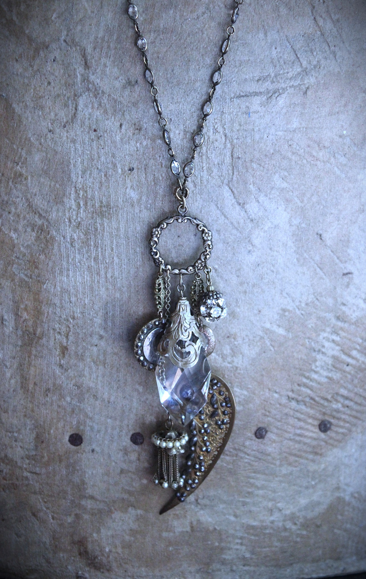 NEW! Stardust Soul Necklace w/Unique Capped Faceted Crystal,Antique Cut Steel & Gold Angel Wing,Antique Cut Steel Moon & Star Drop & More!