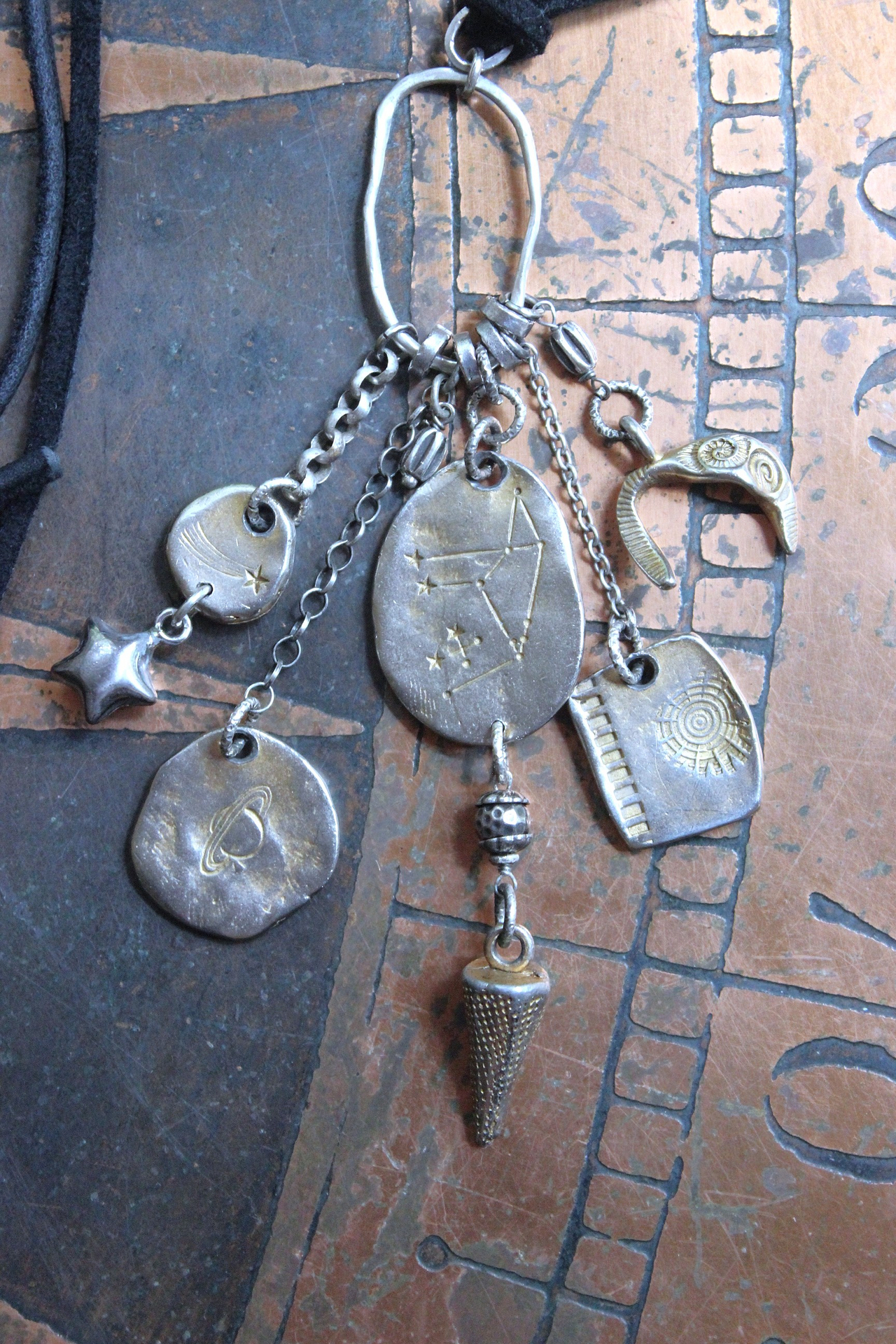 NEW! Cosmic Amulet Necklace with OOAK Silver & Gold Etched Charms, Puffy Star, Premium Black Suede Leather Ties
