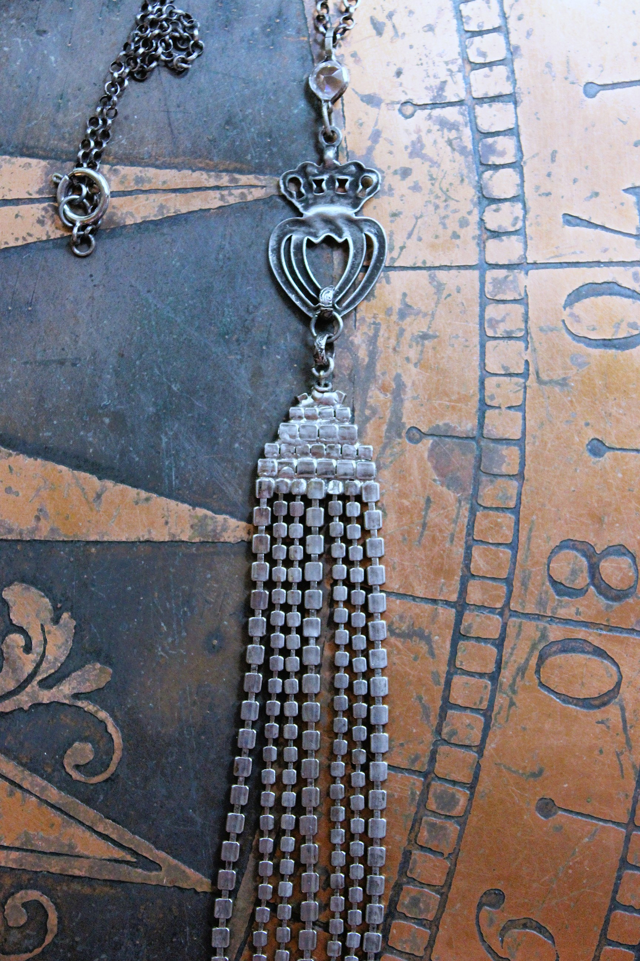 NEW! Two Hearts Necklace w/Vintage Faceted Prong Set Rhinestone Tassel, Two Hearts & Crown Medal,Sterling Belcher Chain