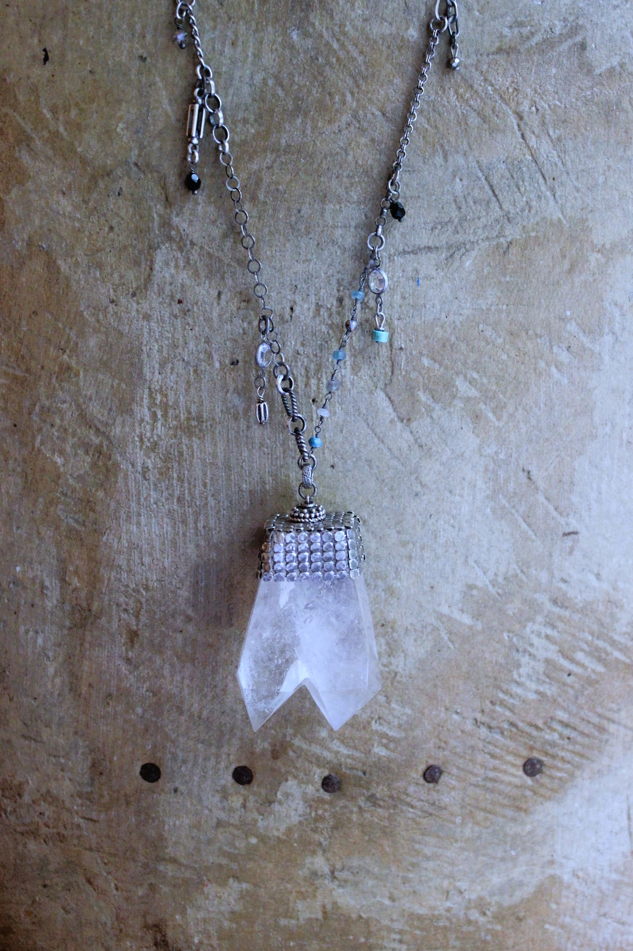 Single Soul Necklace with Amazing & Rare Double Point Clear Rock Quartz Pendant w/Sterling Mesh Cap,Sterling Chain Fragment Chain, Multiple Drops