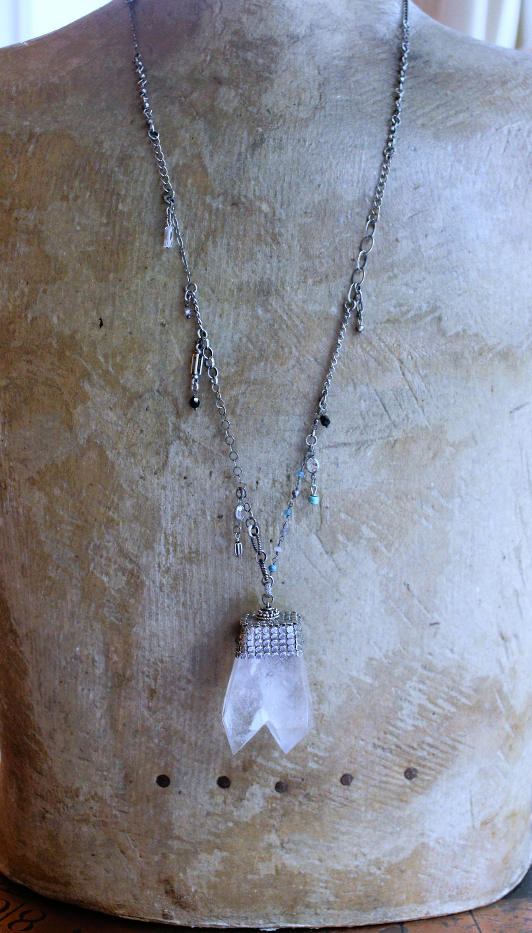 Single Soul Necklace with Amazing & Rare Double Point Clear Rock Quartz Pendant w/Sterling Mesh Cap,Sterling Chain Fragment Chain, Multiple Drops