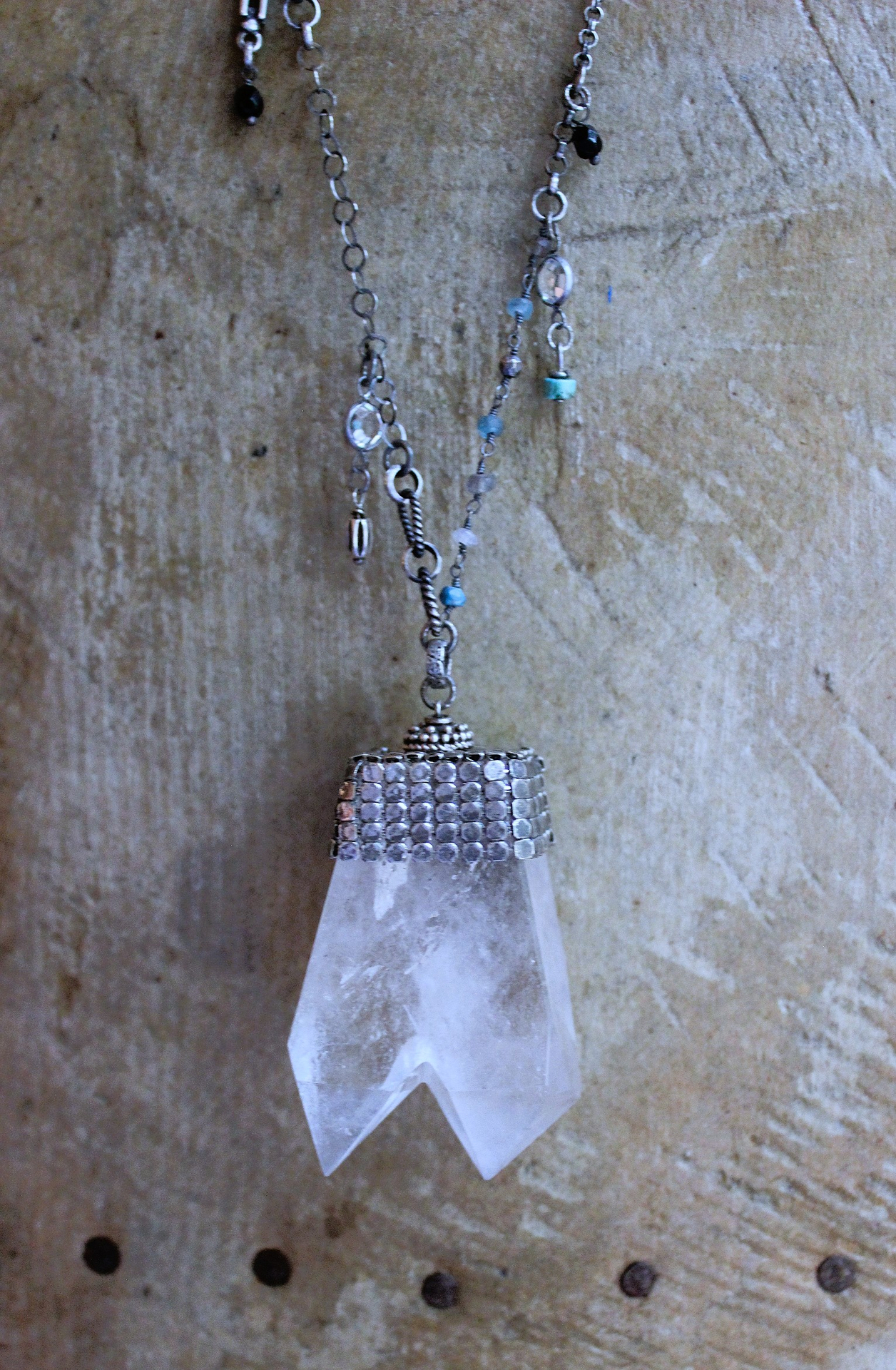 Single Soul Necklace with Amazing & Rare Double Point Clear Rock Quartz Pendant w/Sterling Mesh Cap,Sterling Chain Fragment Chain, Multiple Drops