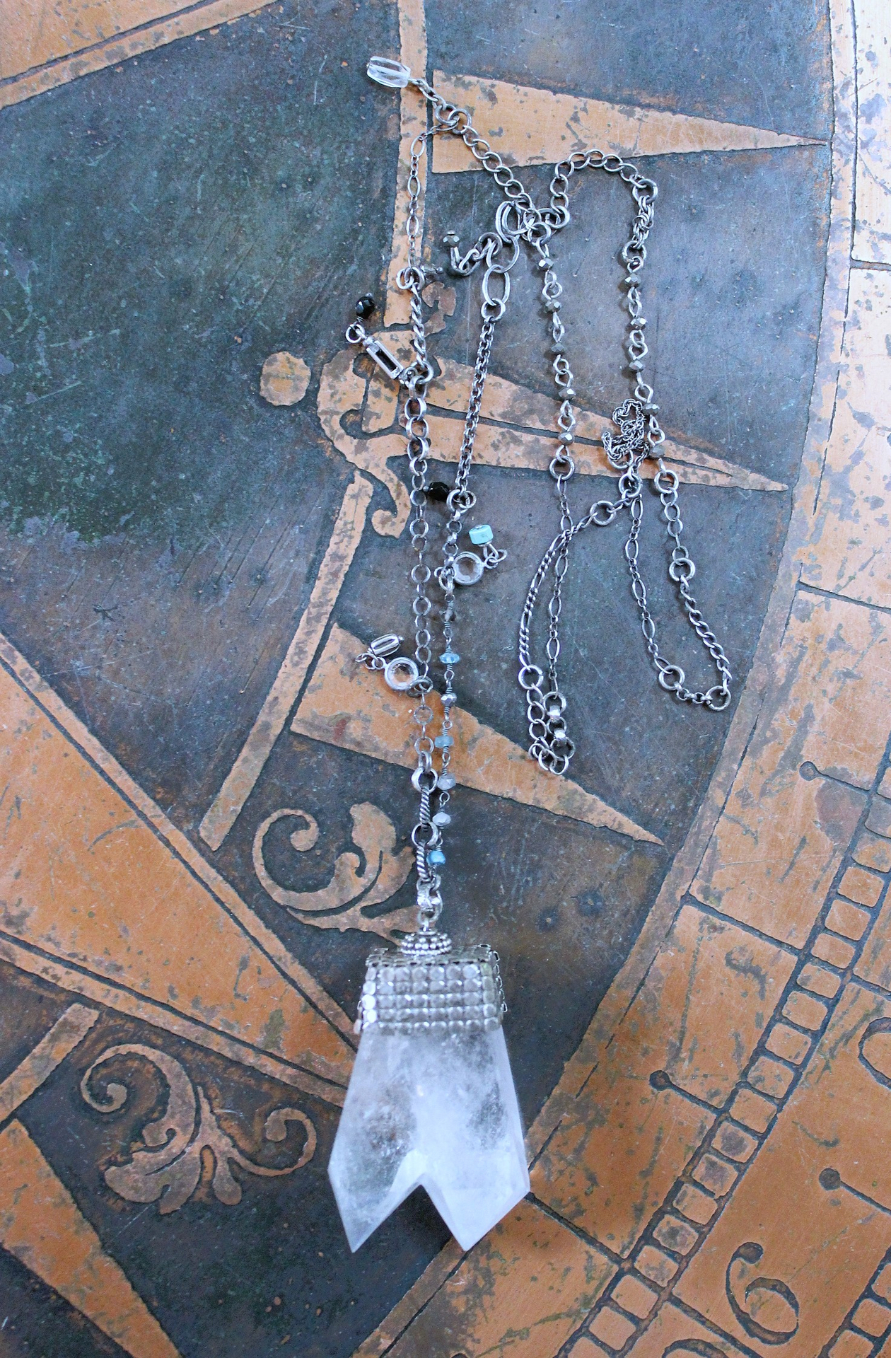 Single Soul Necklace with Amazing & Rare Double Point Clear Rock Quartz Pendant w/Sterling Mesh Cap,Sterling Chain Fragment Chain, Multiple Drops