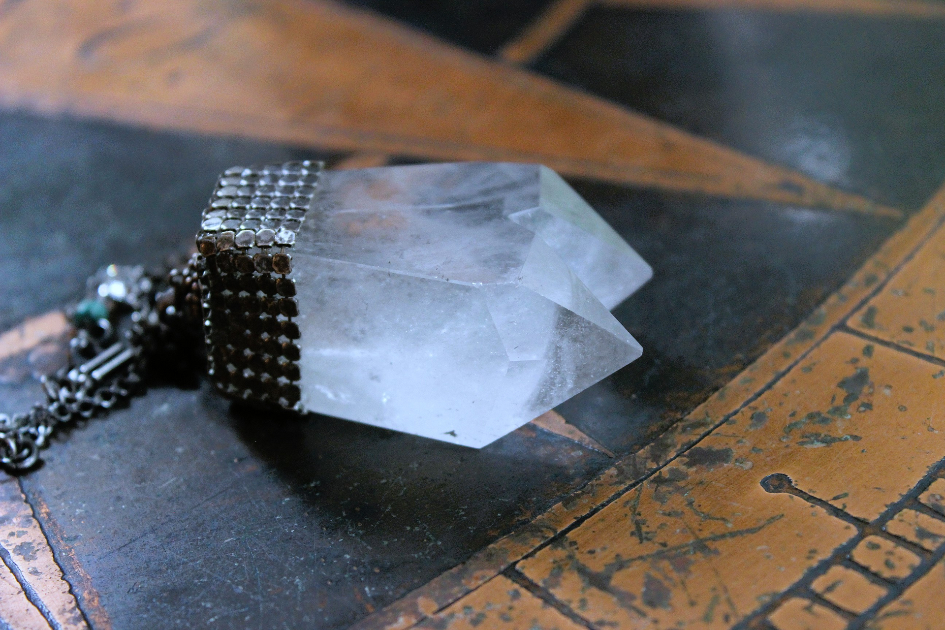 Single Soul Necklace with Amazing & Rare Double Point Clear Rock Quartz Pendant w/Sterling Mesh Cap,Sterling Chain Fragment Chain, Multiple Drops
