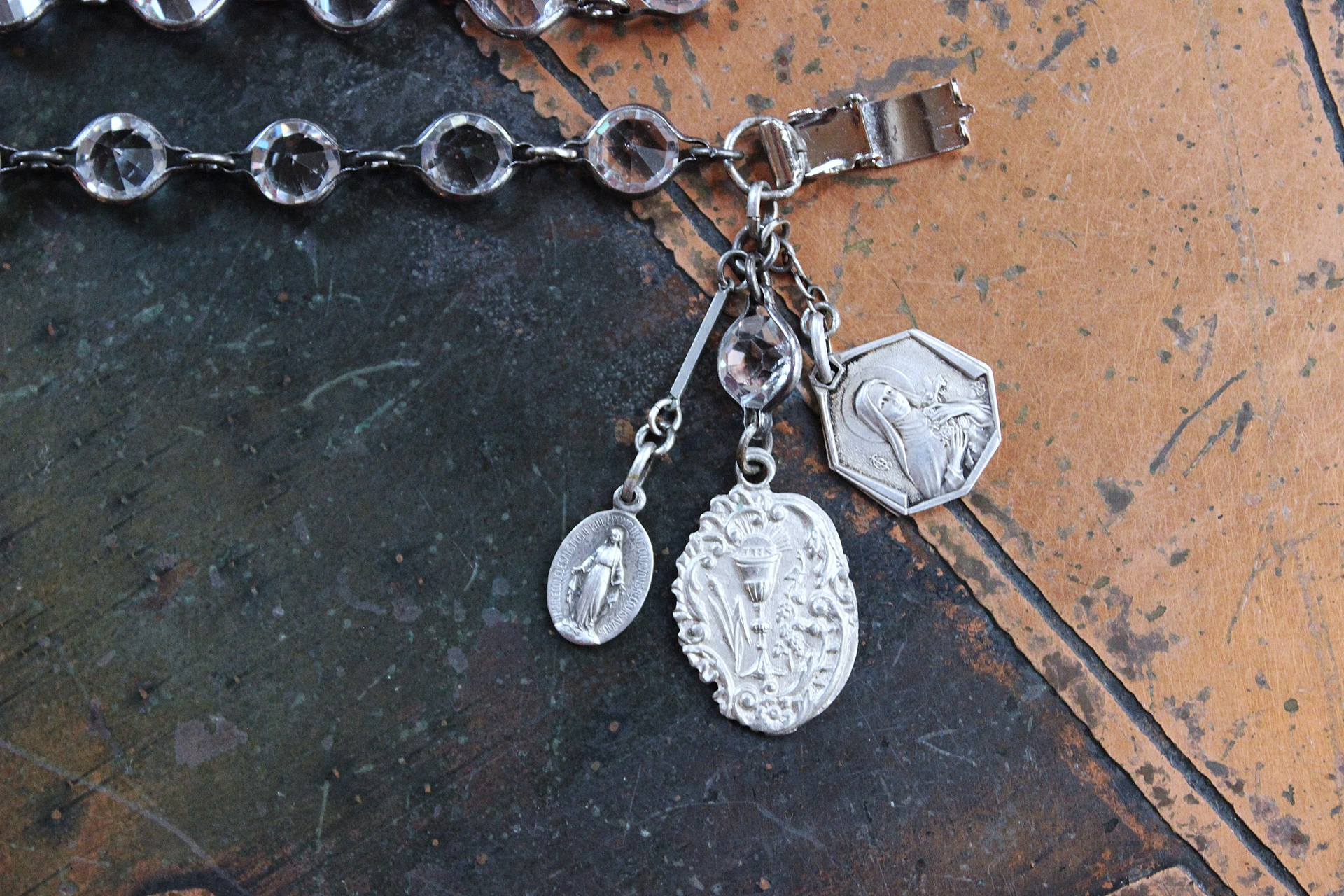 Unique Bezel Set Faceted Pointed Crystal Bracelet Set with Antique French Medals