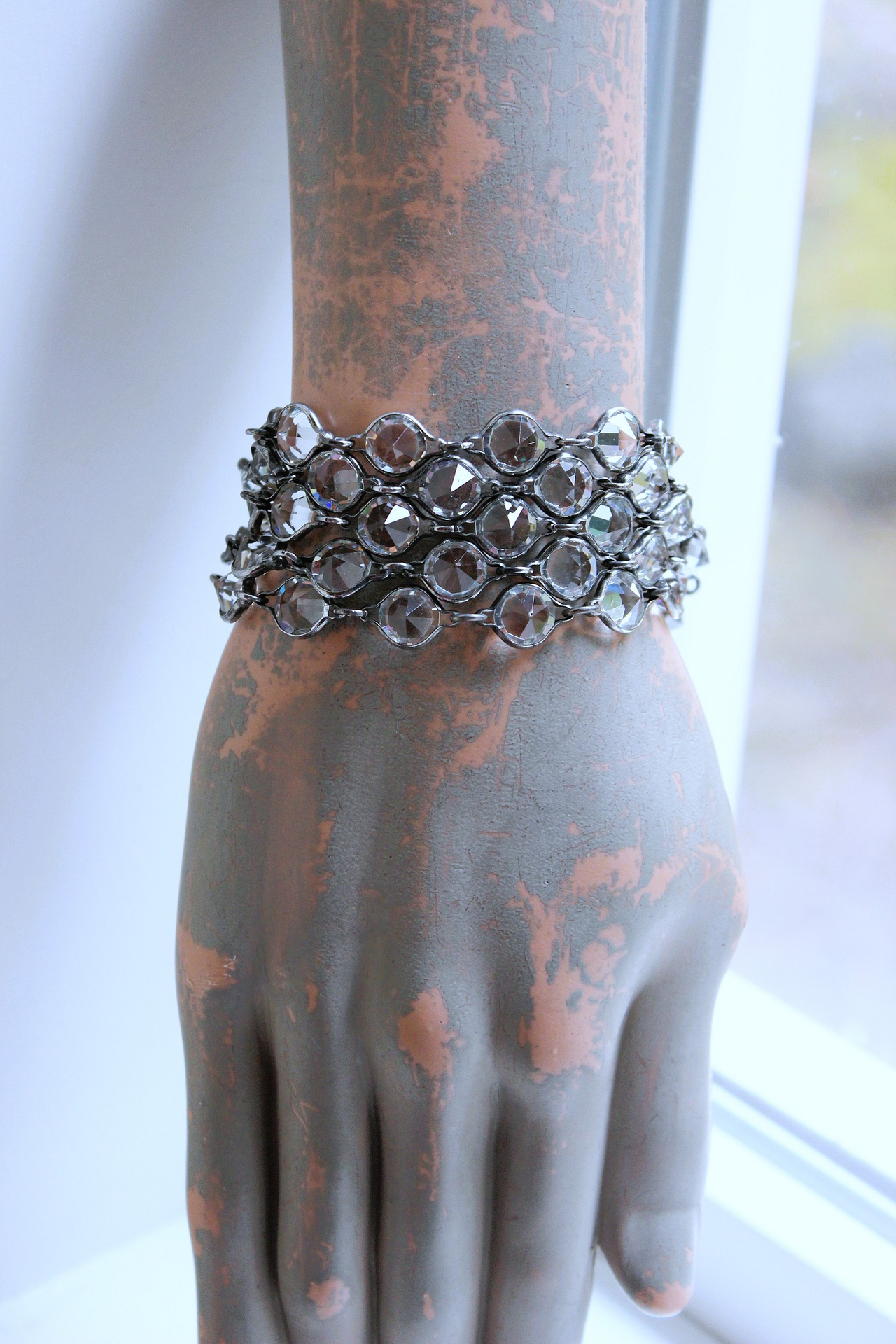 Unique Bezel Set Faceted Pointed Crystal Bracelet Set with Antique French Medals