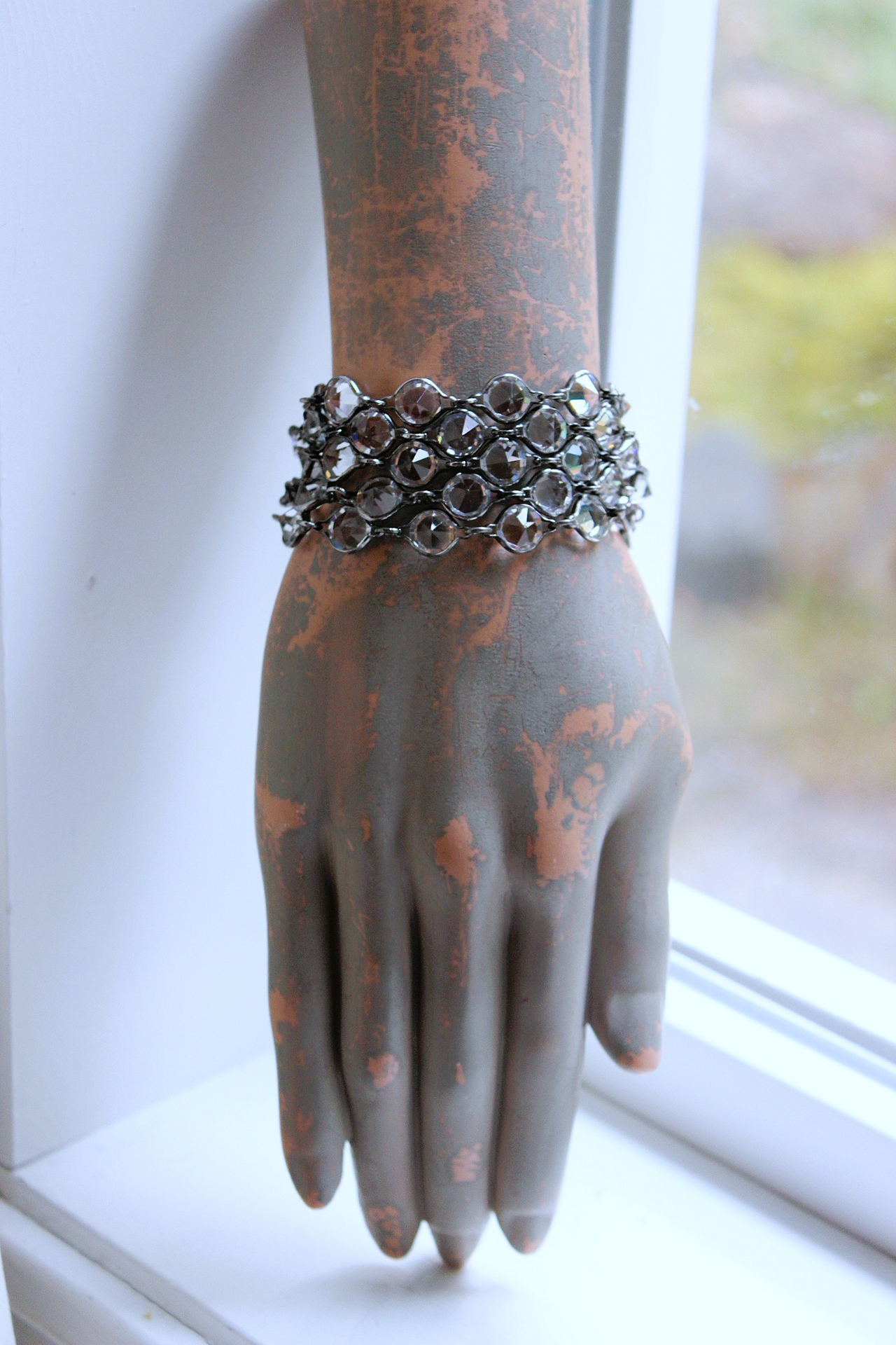 Unique Bezel Set Faceted Pointed Crystal Bracelet Set with Antique French Medals
