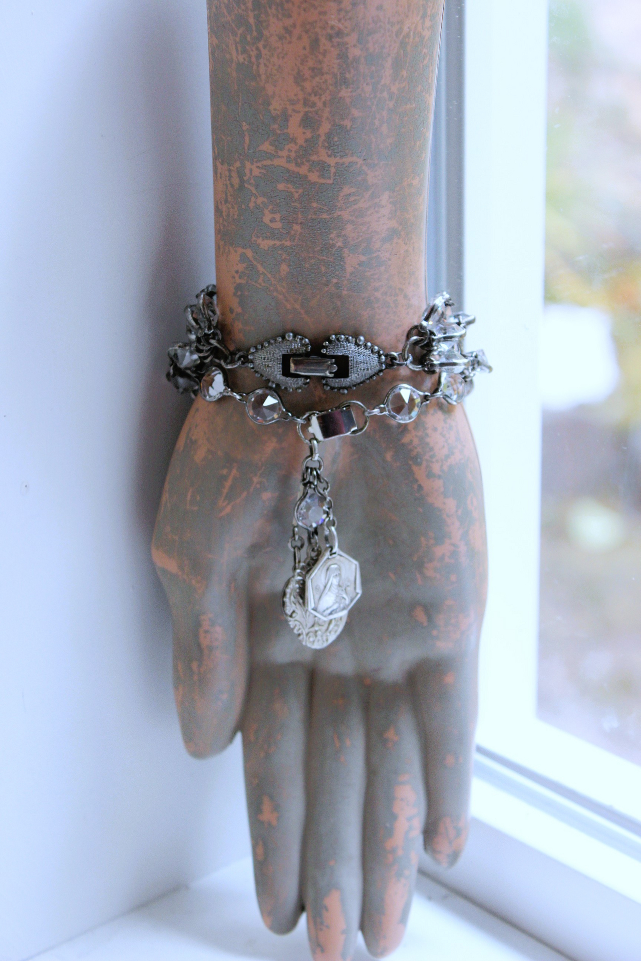 Unique Bezel Set Faceted Pointed Crystal Bracelet Set with Antique French Medals