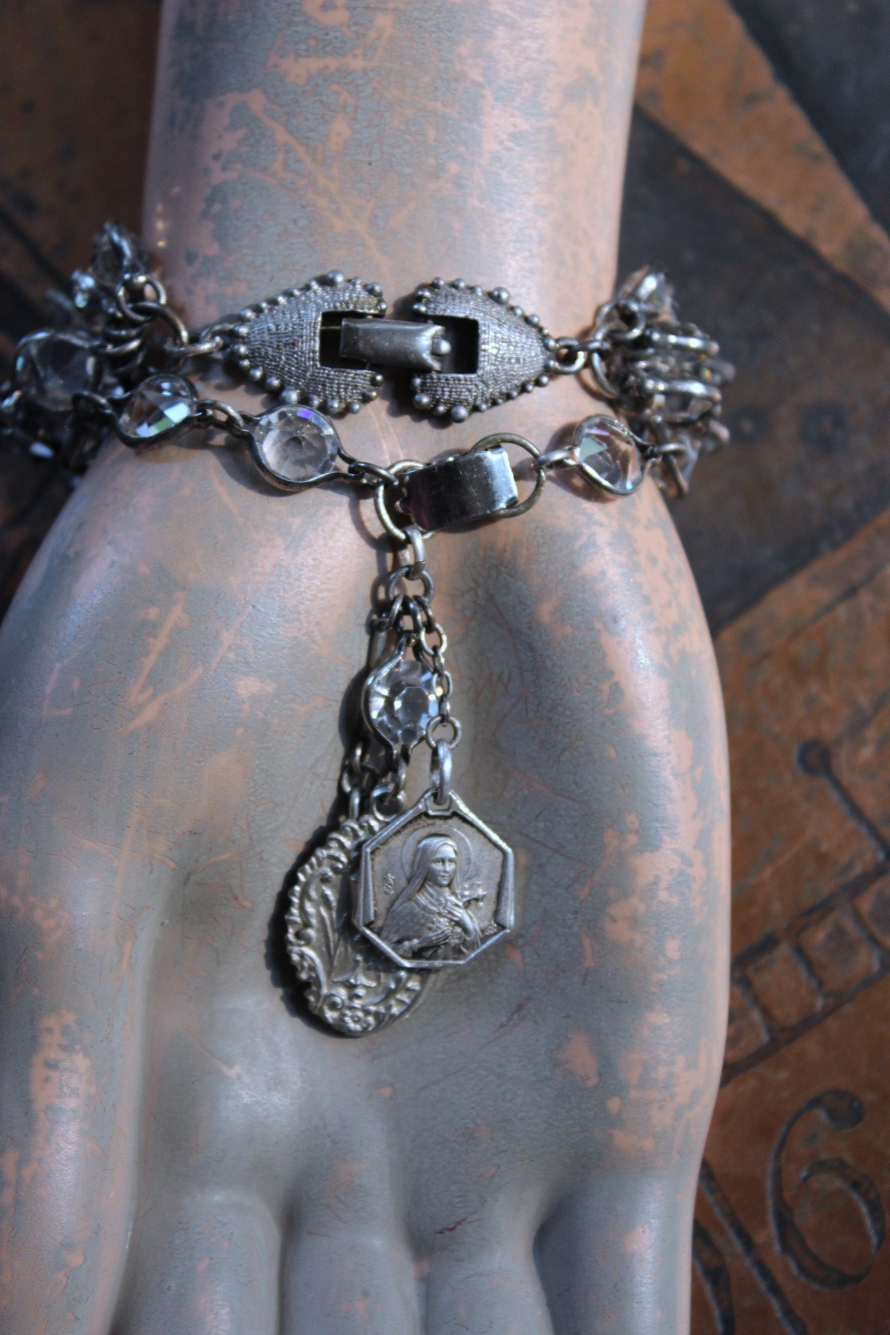 Unique Bezel Set Faceted Pointed Crystal Bracelet Set with Antique French Medals