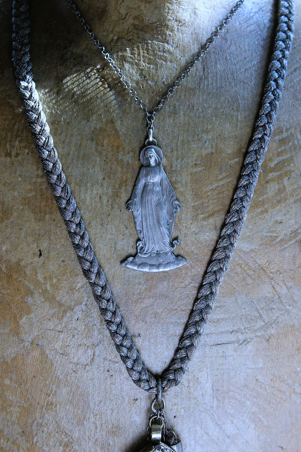 The Genesis of Love Necklace with Rare Virgin Mary and Serpent Pendant, Sterling Rolo Chain & Clasp