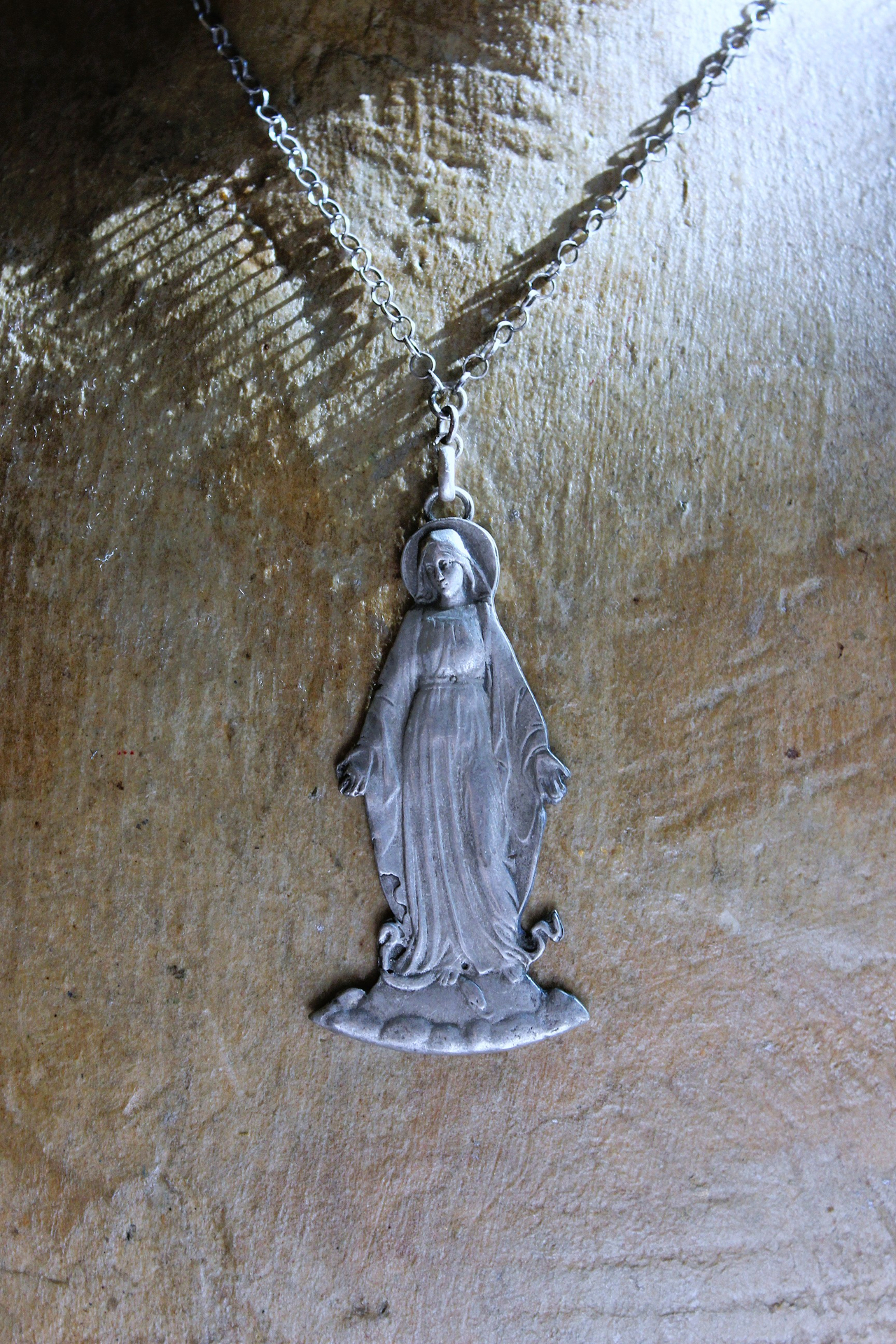 The Genesis of Love Necklace with Rare Virgin Mary and Serpent Pendant, Sterling Rolo Chain & Clasp