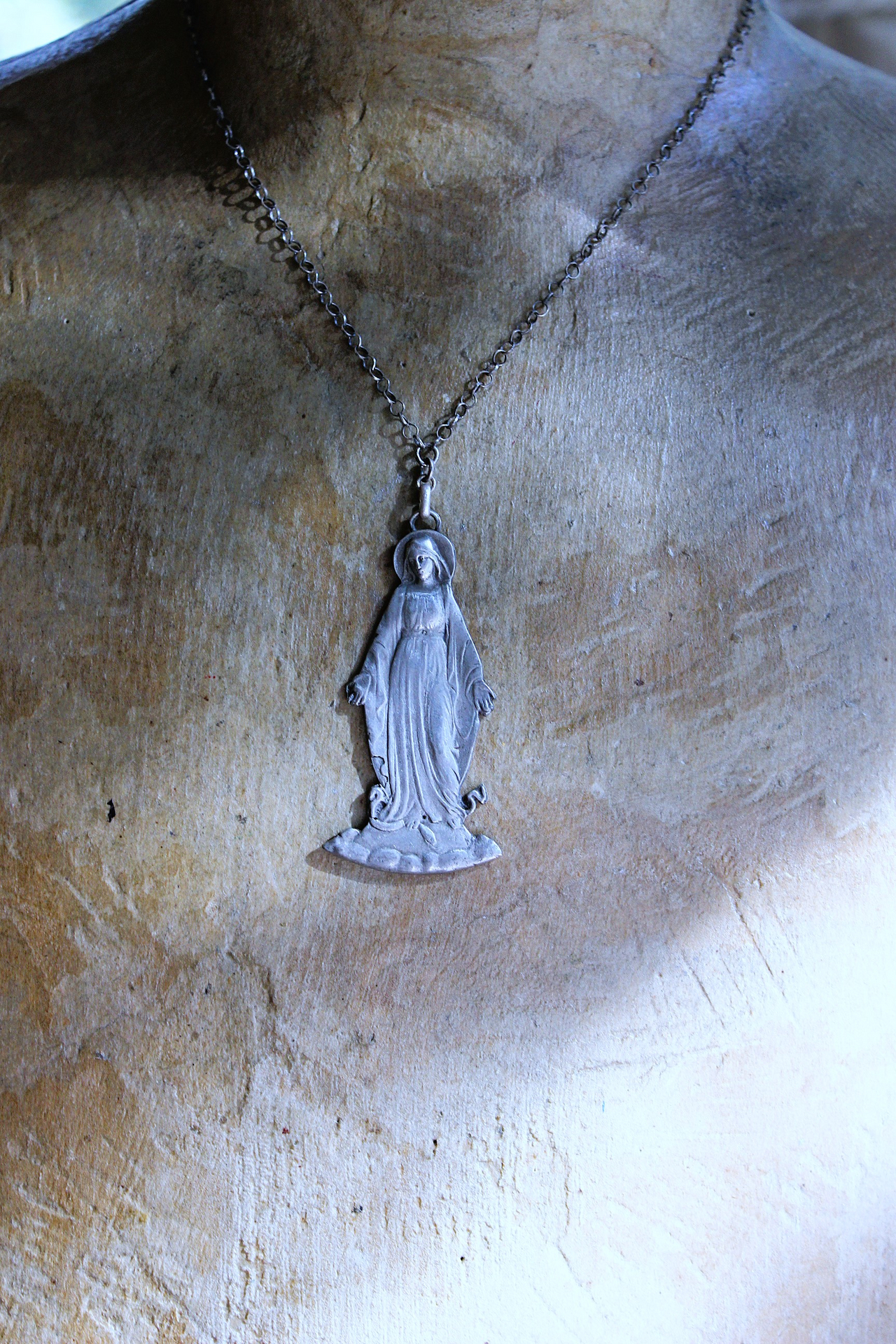 The Genesis of Love Necklace with Rare Virgin Mary and Serpent Pendant, Sterling Rolo Chain & Clasp