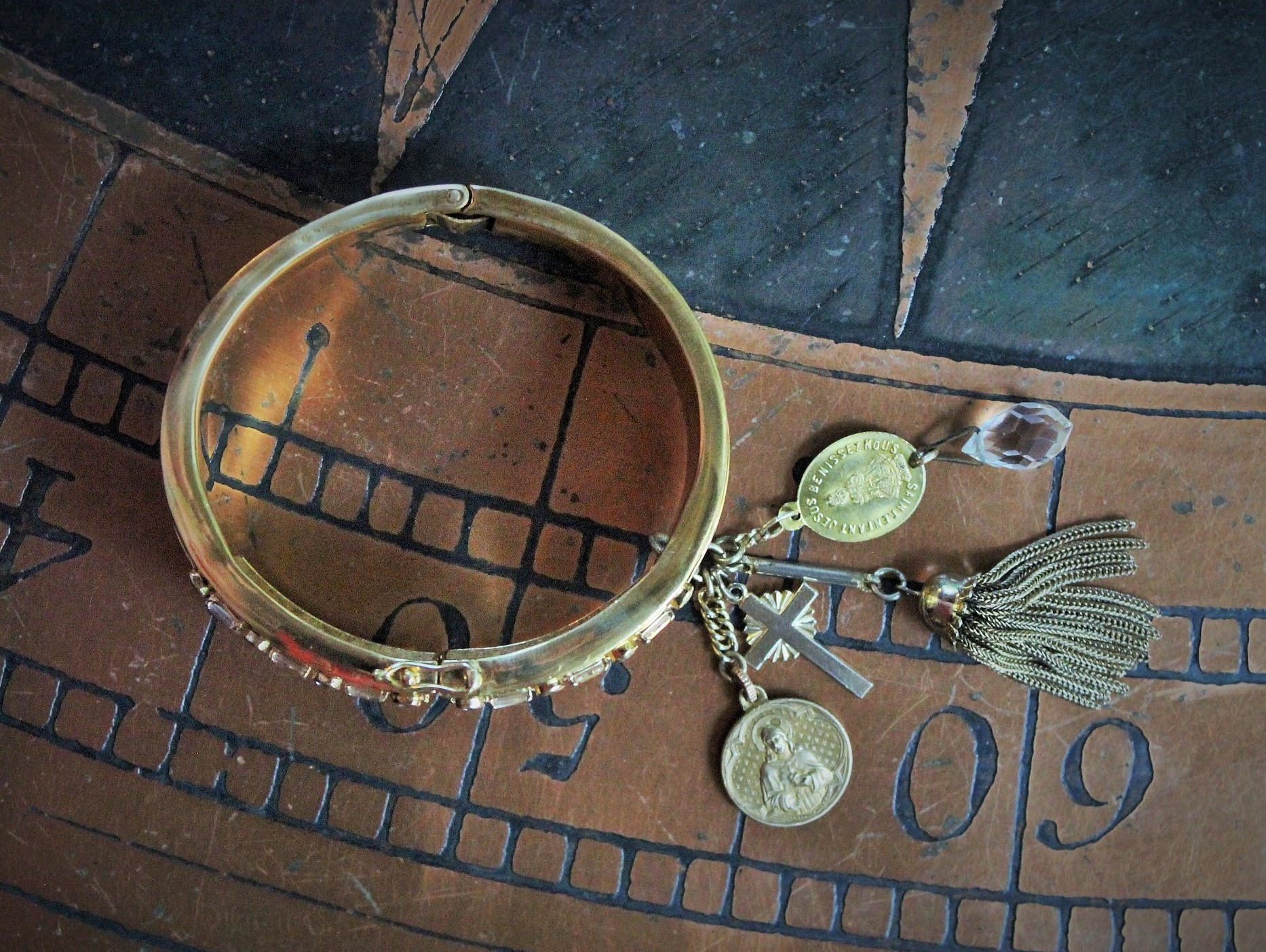 SOLD to K Unique Sterling Vermeil Faceted Herkimer Diamond Cuff w/Rare Antique Gilt Penin Lyon Sacred Heart Medal,Antique Faceted Rock Crystal Tear Drop,Antique Foxtail Chain Tassel +More!