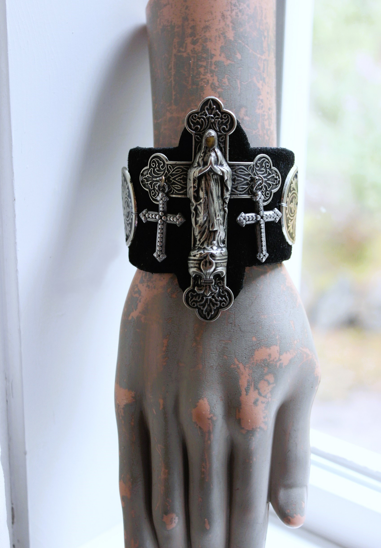 OOAK Marian Cross Cuff Bracelet with Unique Dimensional Cross,Antique Sterling Medallions,Bead Point Crosses