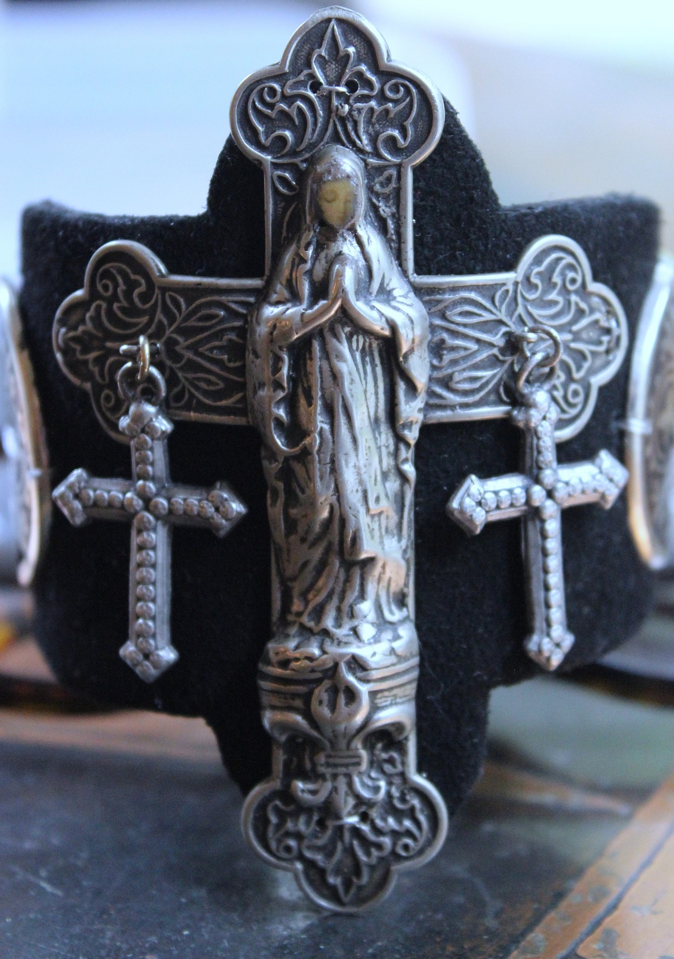 OOAK Marian Cross Cuff Bracelet with Unique Dimensional Cross,Antique Sterling Medallions,Bead Point Crosses