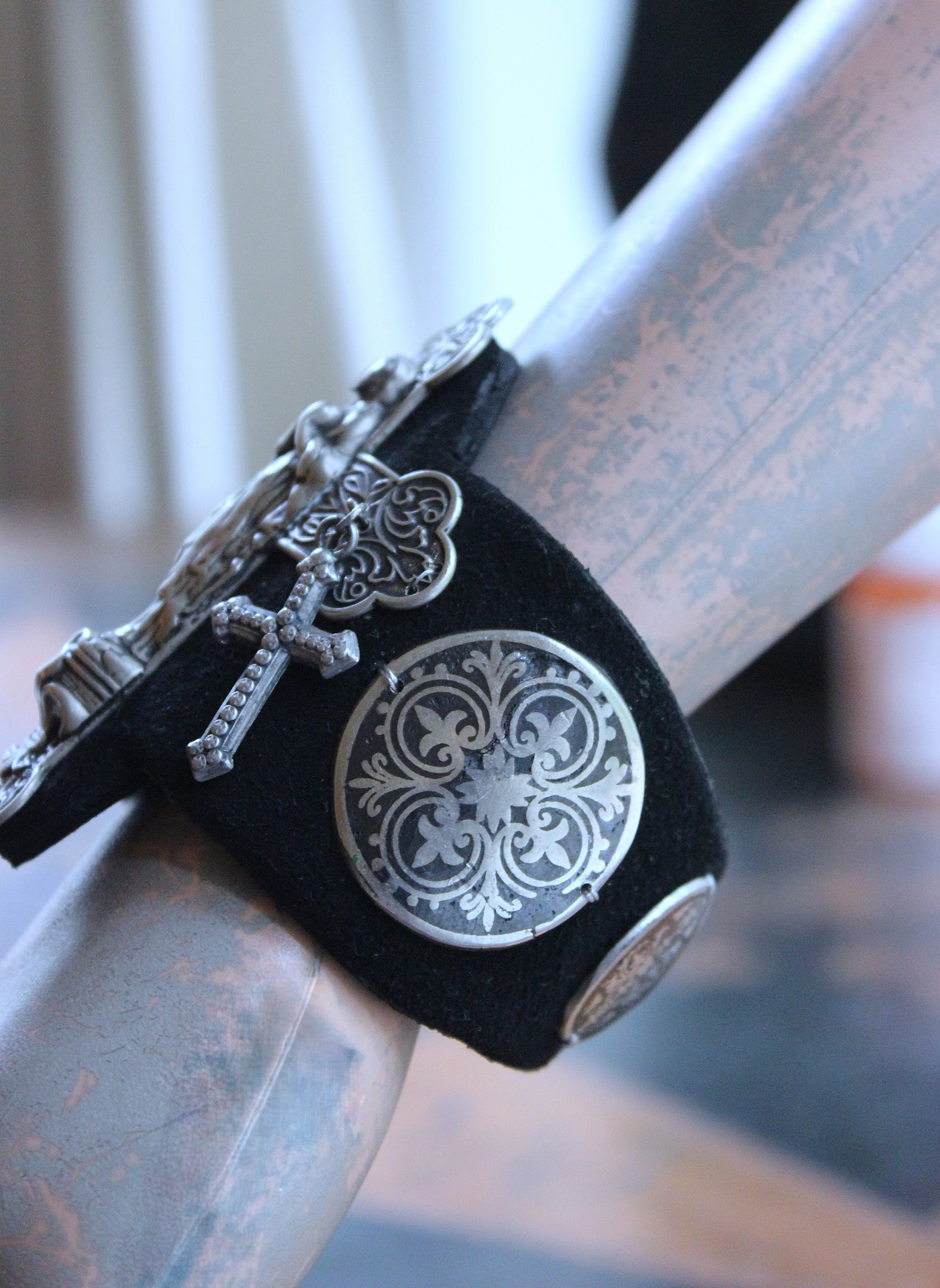 OOAK Marian Cross Cuff Bracelet with Unique Dimensional Cross,Antique Sterling Medallions,Bead Point Crosses