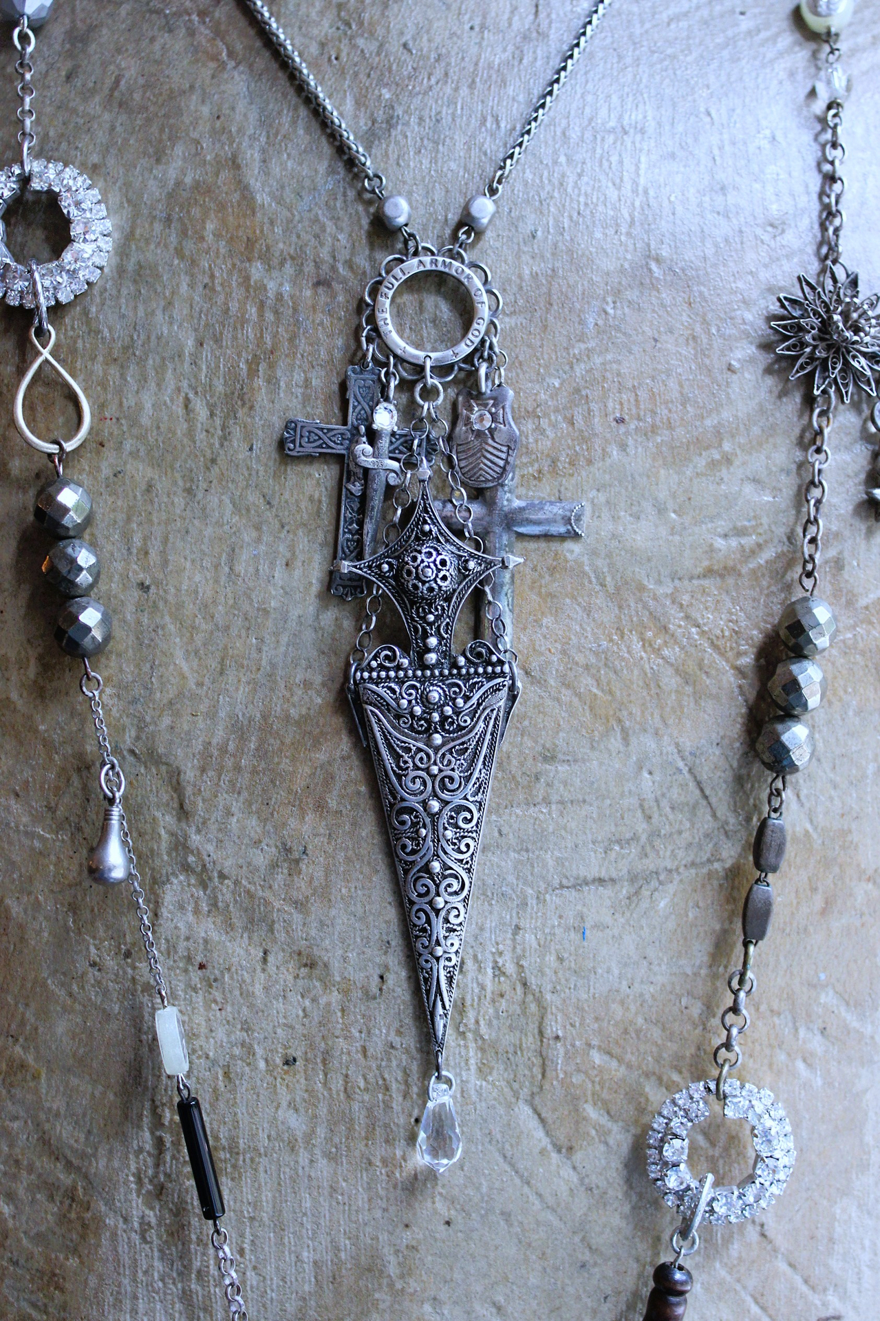 The Armor of God Necklace with Antique Sterling Filigree Sword & Sheath, Sterling Engraved Connector,Sterling Shield & Dagger