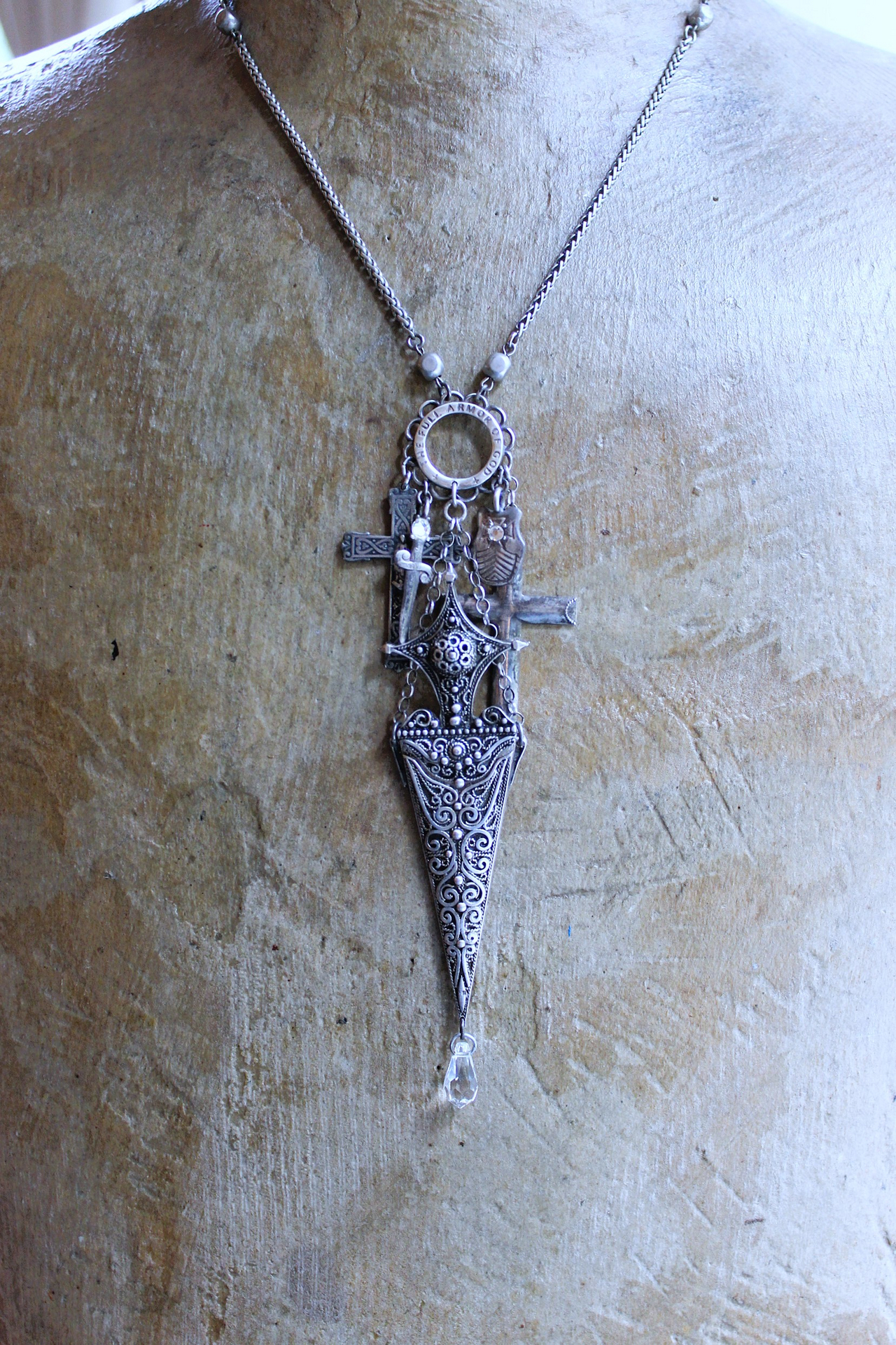 The Armor of God Necklace with Antique Sterling Filigree Sword & Sheath, Sterling Engraved Connector,Sterling Shield & Dagger