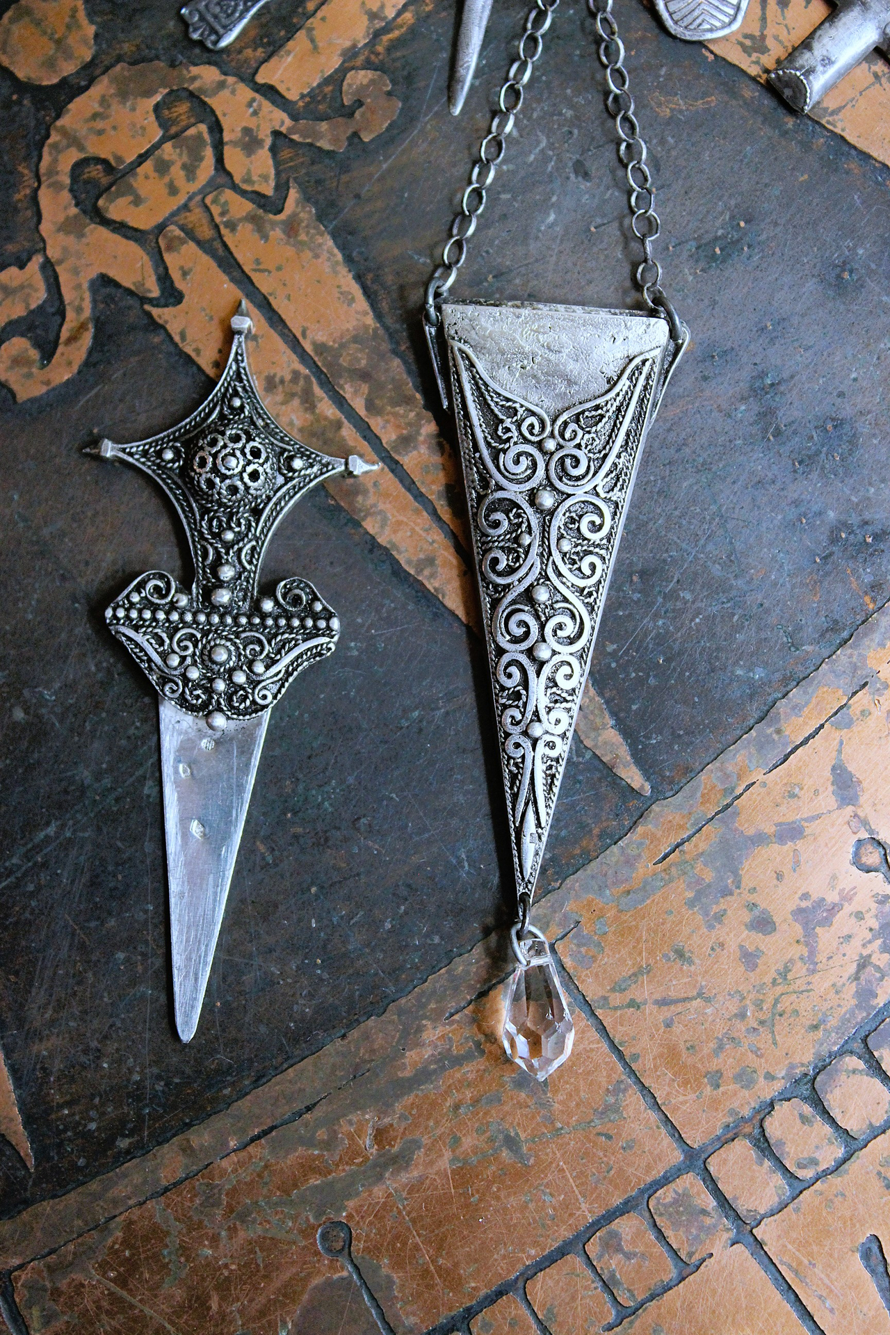 The Armor of God Necklace with Antique Sterling Filigree Sword & Sheath, Sterling Engraved Connector,Sterling Shield & Dagger