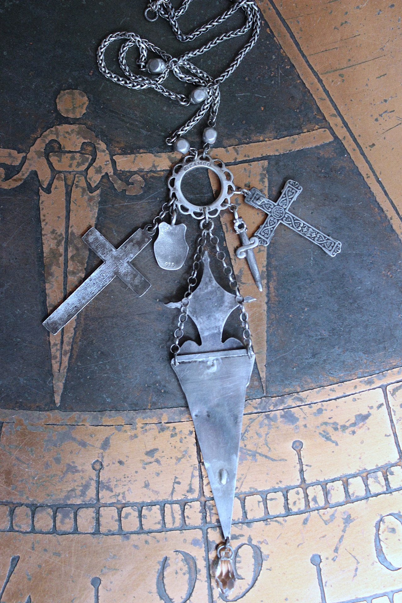 The Armor of God Necklace with Antique Sterling Filigree Sword & Sheath, Sterling Engraved Connector,Sterling Shield & Dagger